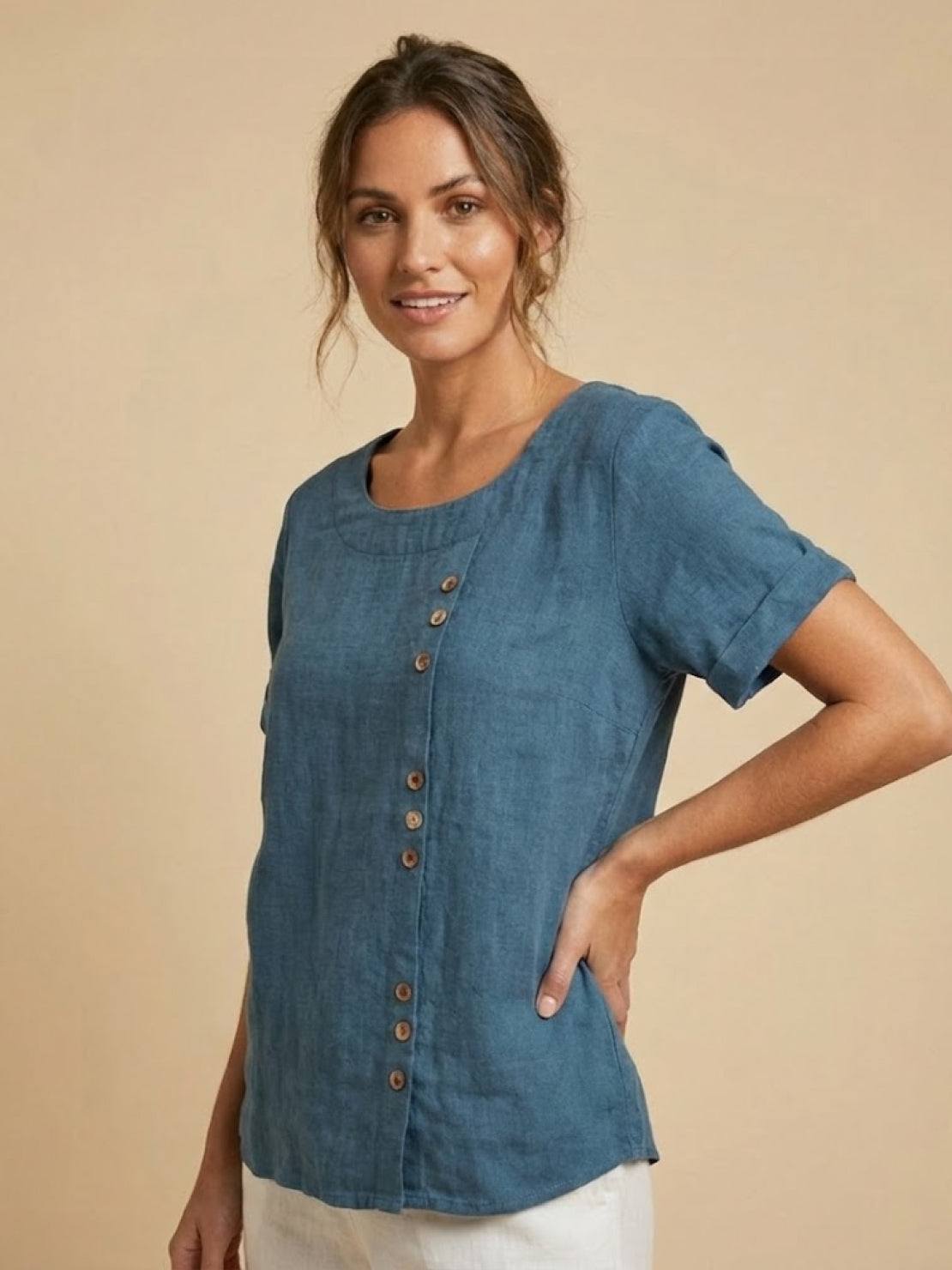 Women's Scoop Neck Short Sleeve Top – Button Detail Casual Everyday Shirt