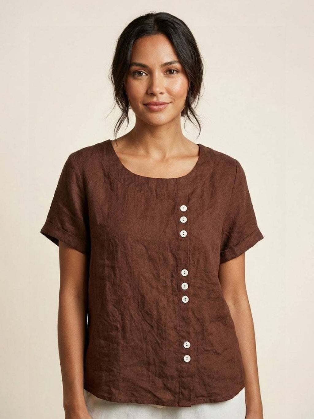 Women's Scoop Neck Short Sleeve Top – Button Detail Casual Everyday Shirt