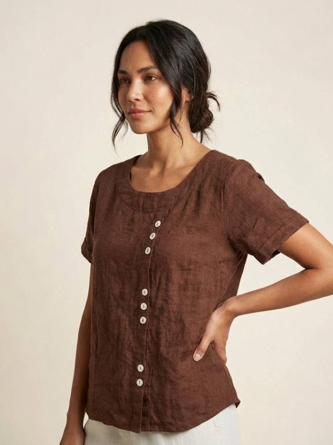 Women's Scoop Neck Short Sleeve Top – Button Detail Casual Everyday Shirt