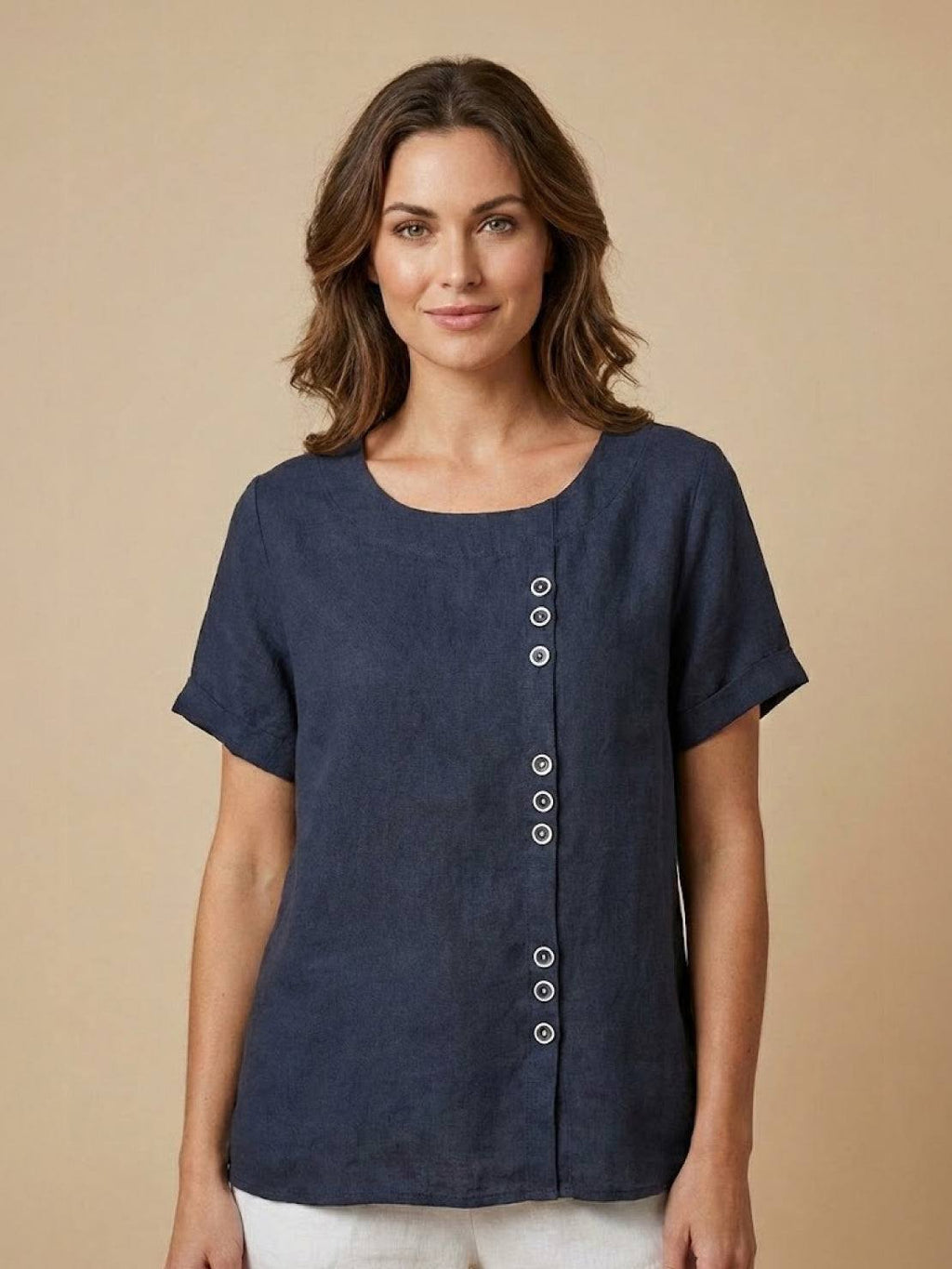 Women's Scoop Neck Short Sleeve Top – Button Detail Casual Everyday Shirt