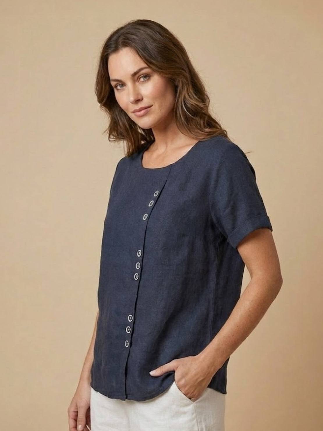 Women's Scoop Neck Short Sleeve Top – Button Detail Casual Everyday Shirt