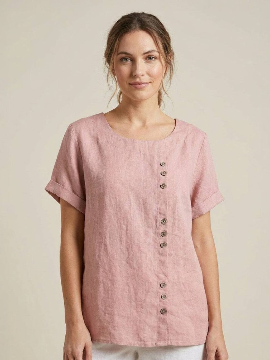 Women's Scoop Neck Short Sleeve Top – Button Detail Casual Everyday Shirt