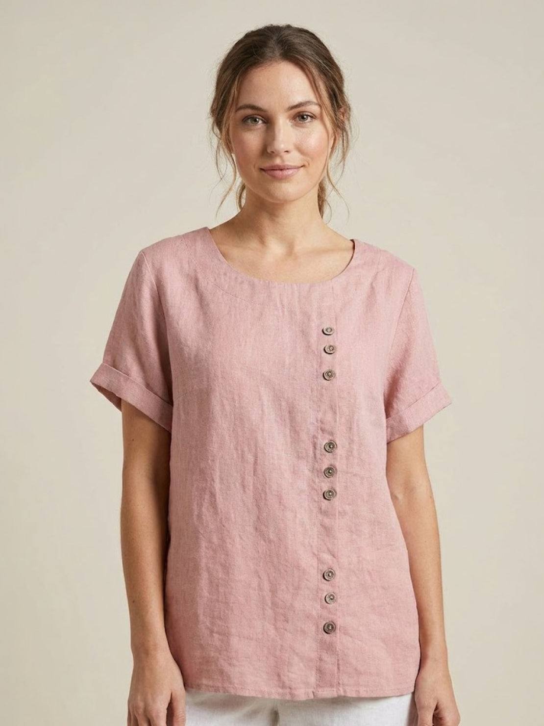 Women's Scoop Neck Short Sleeve Top – Button Detail Casual Everyday Shirt