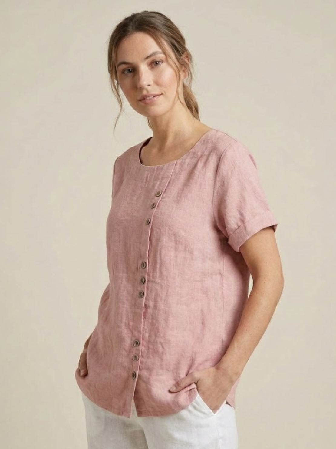 Women's Scoop Neck Short Sleeve Top – Button Detail Casual Everyday Shirt