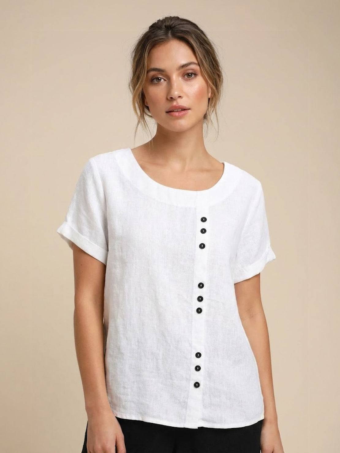 Women's Scoop Neck Short Sleeve Top – Button Detail Casual Everyday Shirt