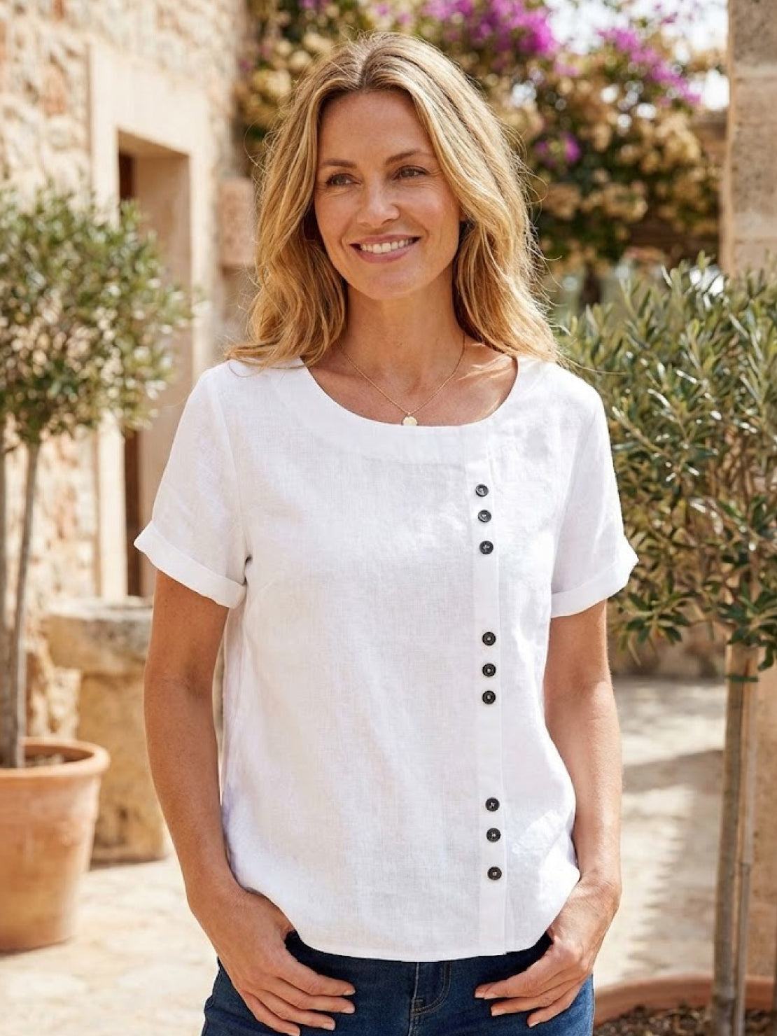 Women's Scoop Neck Short Sleeve Top – Button Detail Casual Everyday Shirt