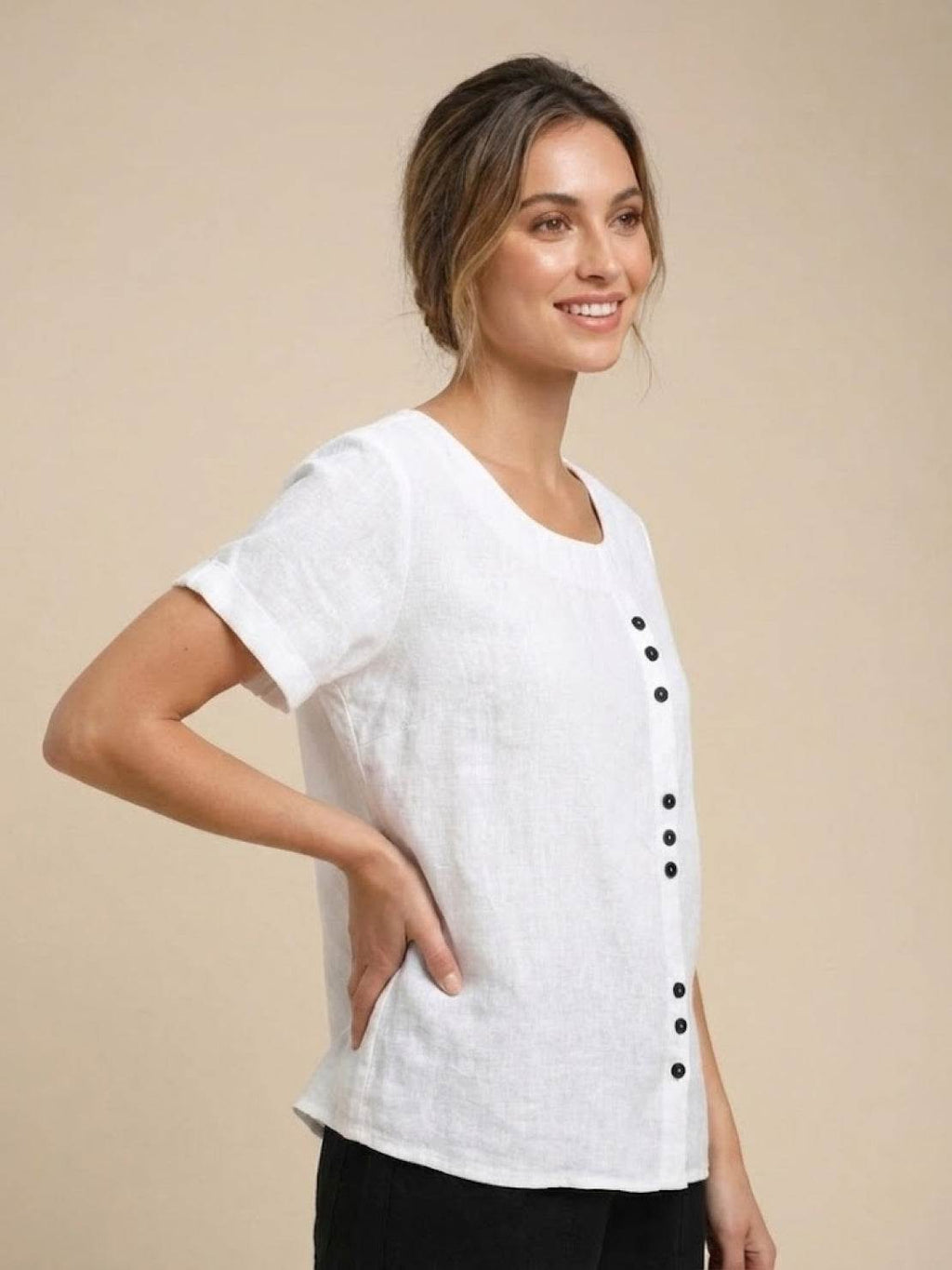 Women's Scoop Neck Short Sleeve Top – Button Detail Casual Everyday Shirt