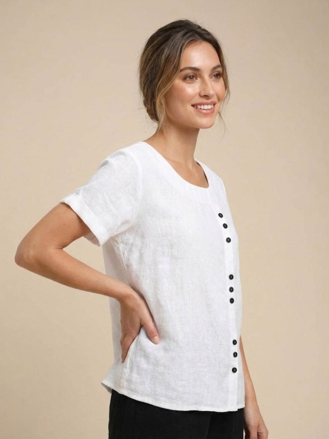 Women's Scoop Neck Short Sleeve Top – Button Detail Casual Everyday Shirt