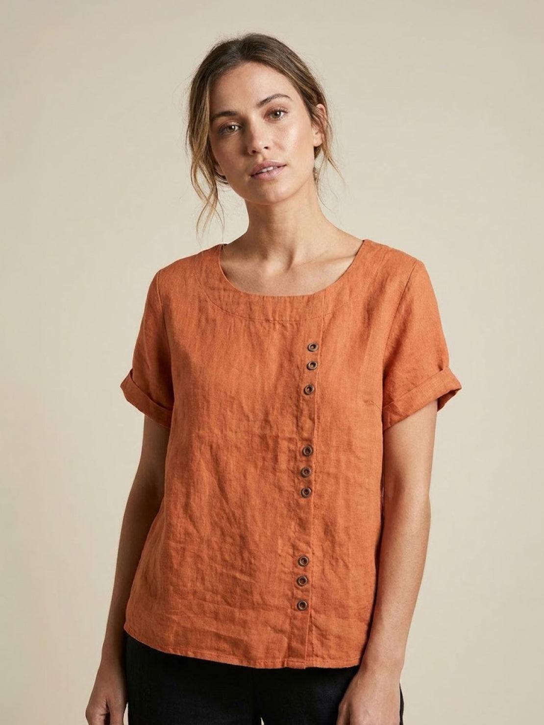 Women's Scoop Neck Short Sleeve Top – Button Detail Casual Everyday Shirt