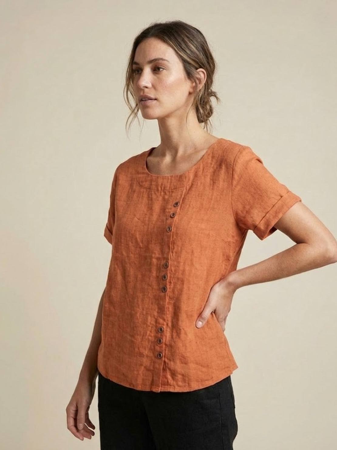 Women's Scoop Neck Short Sleeve Top – Button Detail Casual Everyday Shirt
