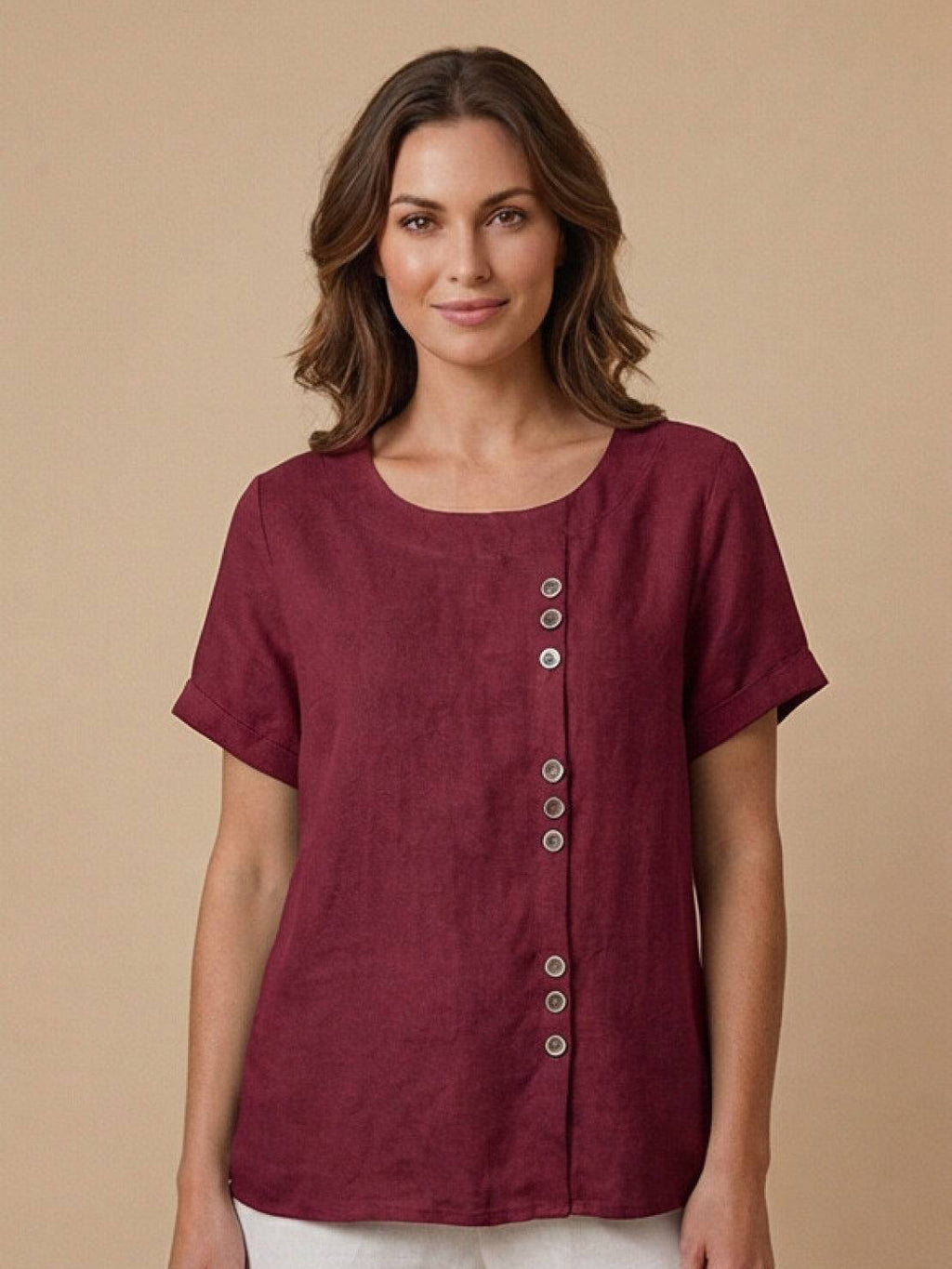 Women's Scoop Neck Short Sleeve Top – Button Detail Casual Everyday Shirt