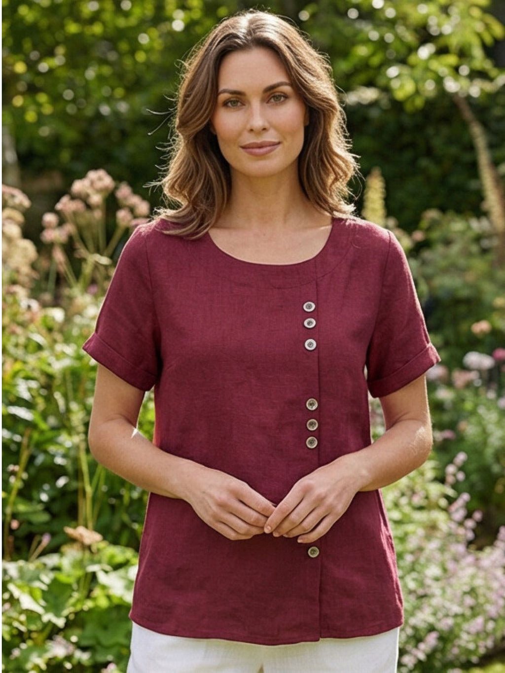 Women's Scoop Neck Short Sleeve Top – Button Detail Casual Everyday Shirt