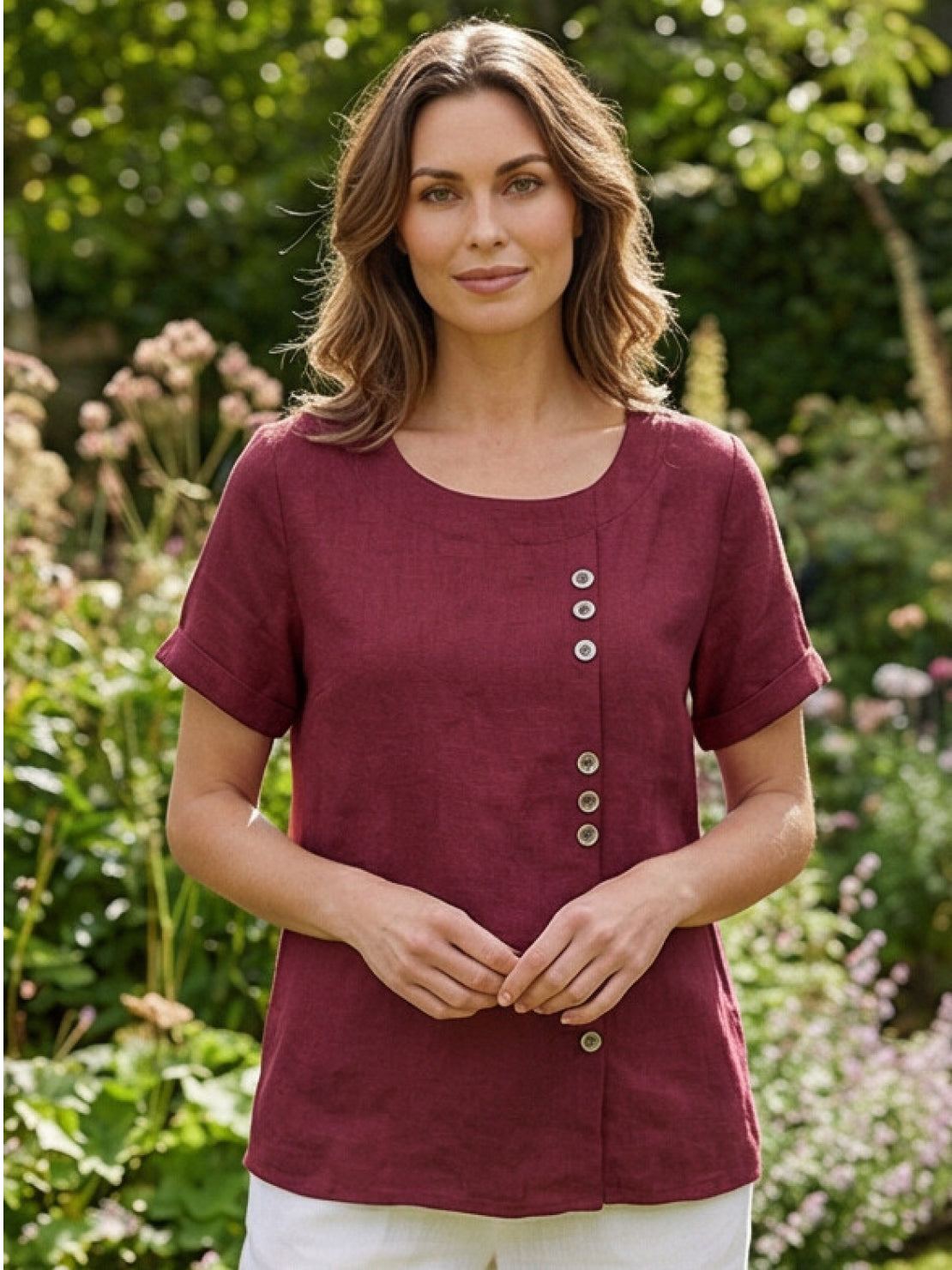 Women's Scoop Neck Short Sleeve Top – Button Detail Casual Everyday Shirt