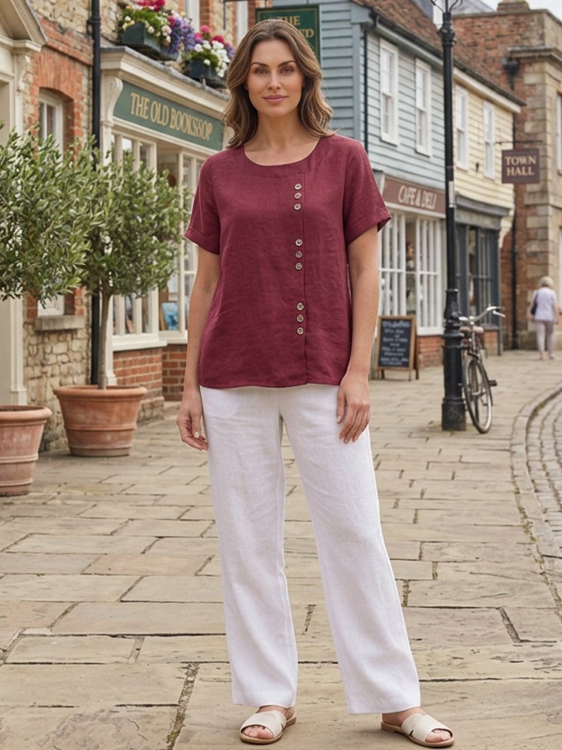 Women's Scoop Neck Short Sleeve Top – Button Detail Casual Everyday Shirt