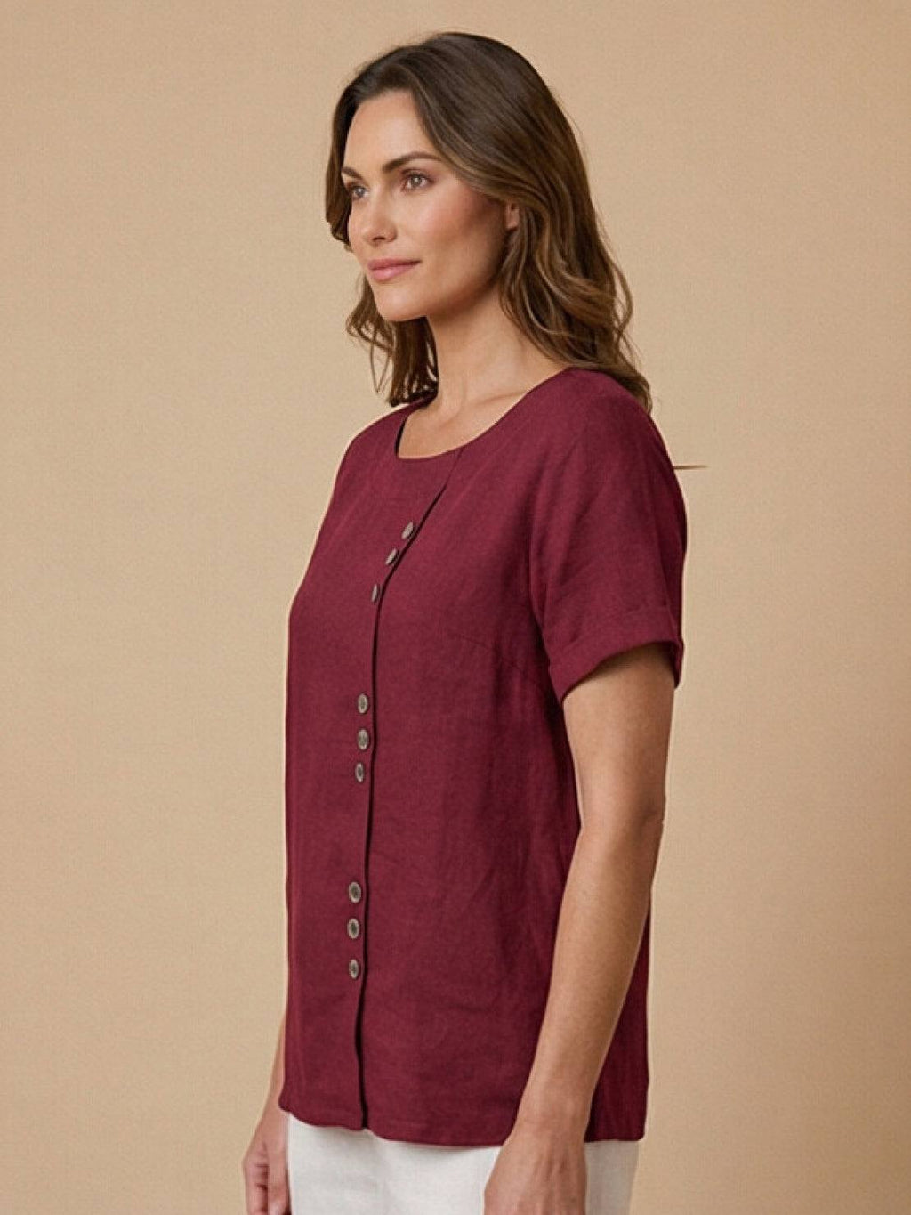 Women's Scoop Neck Short Sleeve Top – Button Detail Casual Everyday Shirt