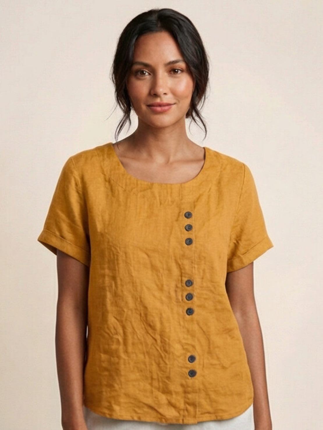 Women's Scoop Neck Short Sleeve Top – Button Detail Casual Everyday Shirt