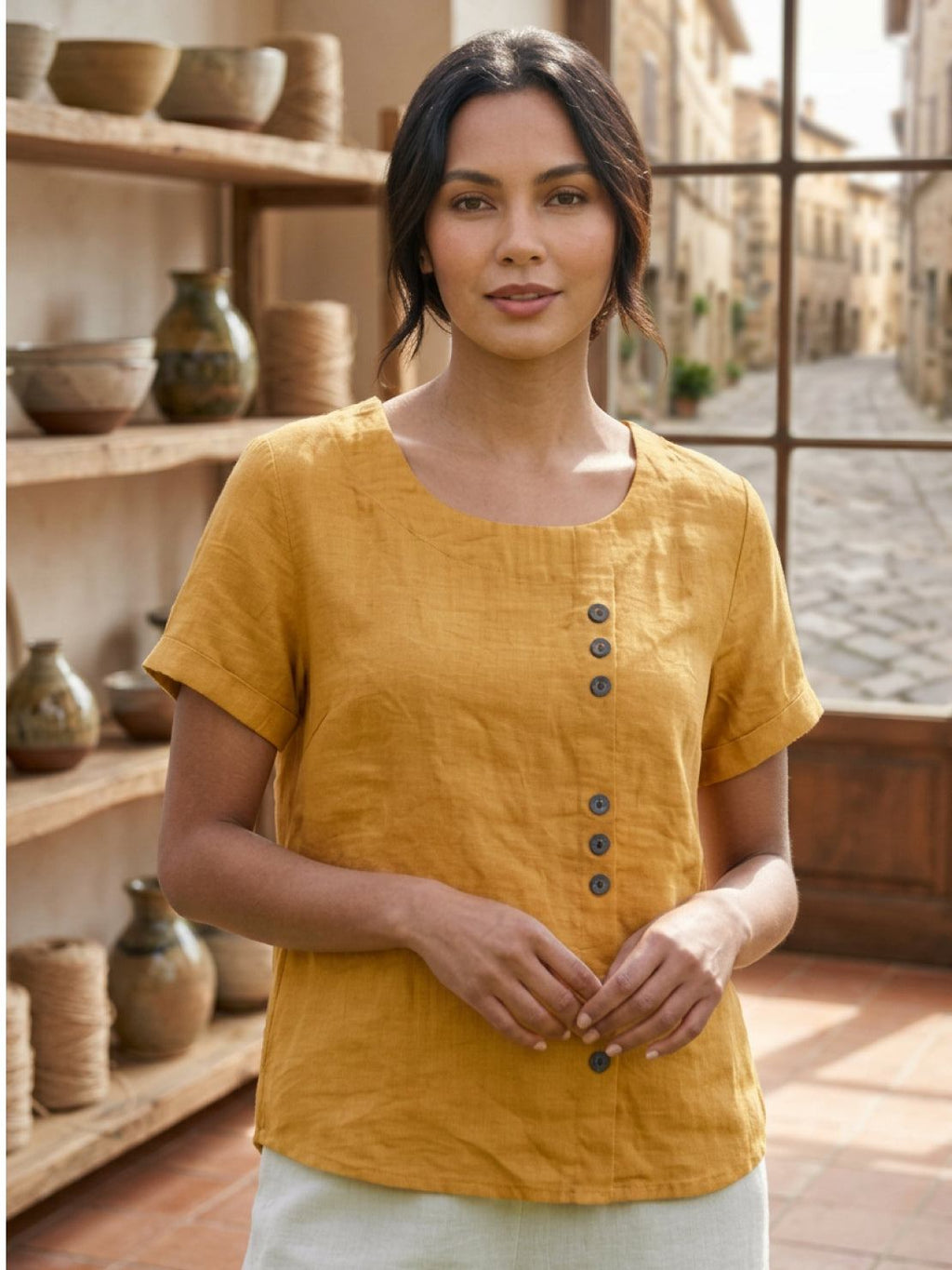 Women's Scoop Neck Short Sleeve Top – Button Detail Casual Everyday Shirt