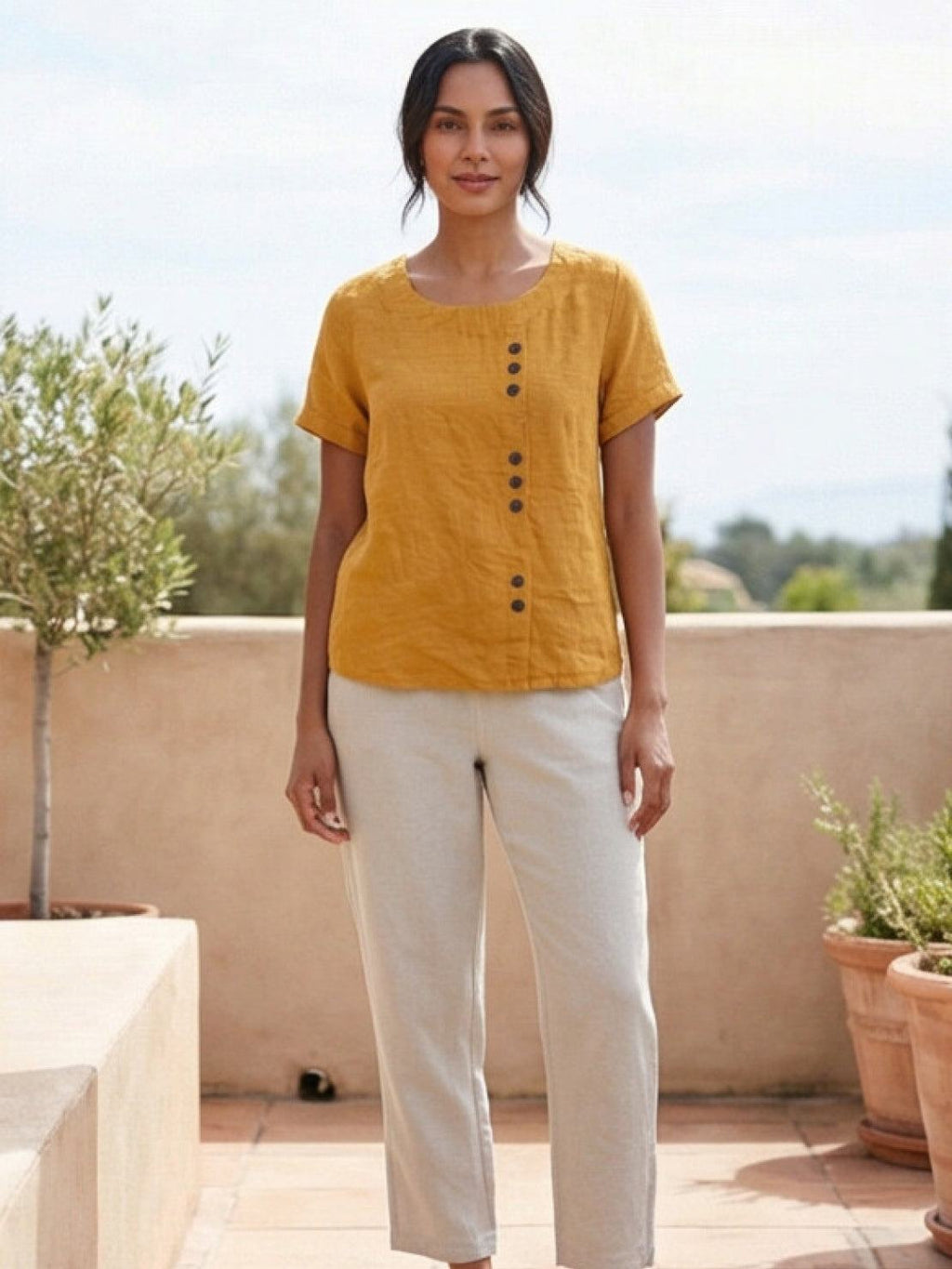 Women's Scoop Neck Short Sleeve Top – Button Detail Casual Everyday Shirt