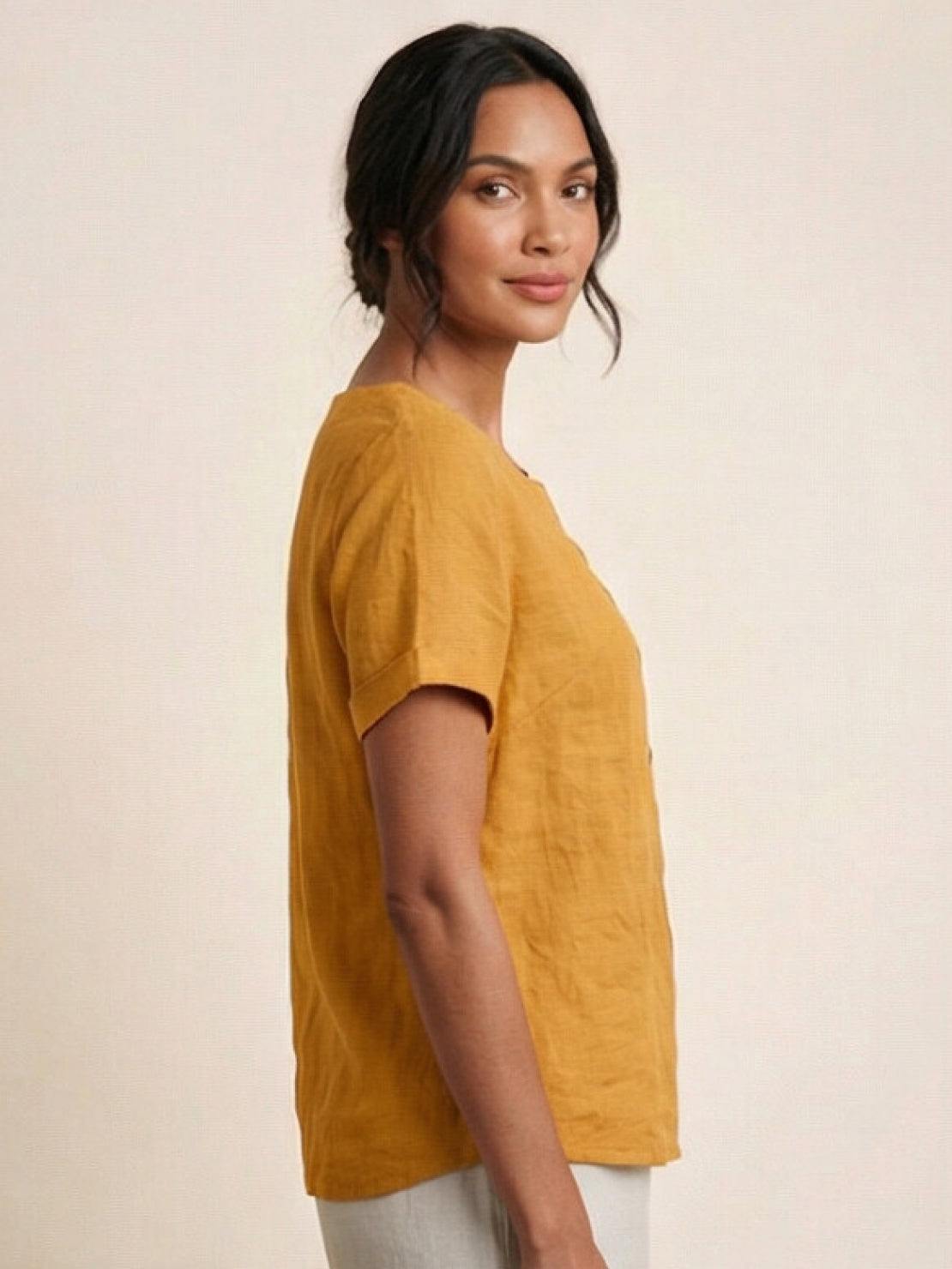 Women's Scoop Neck Short Sleeve Top – Button Detail Casual Everyday Shirt