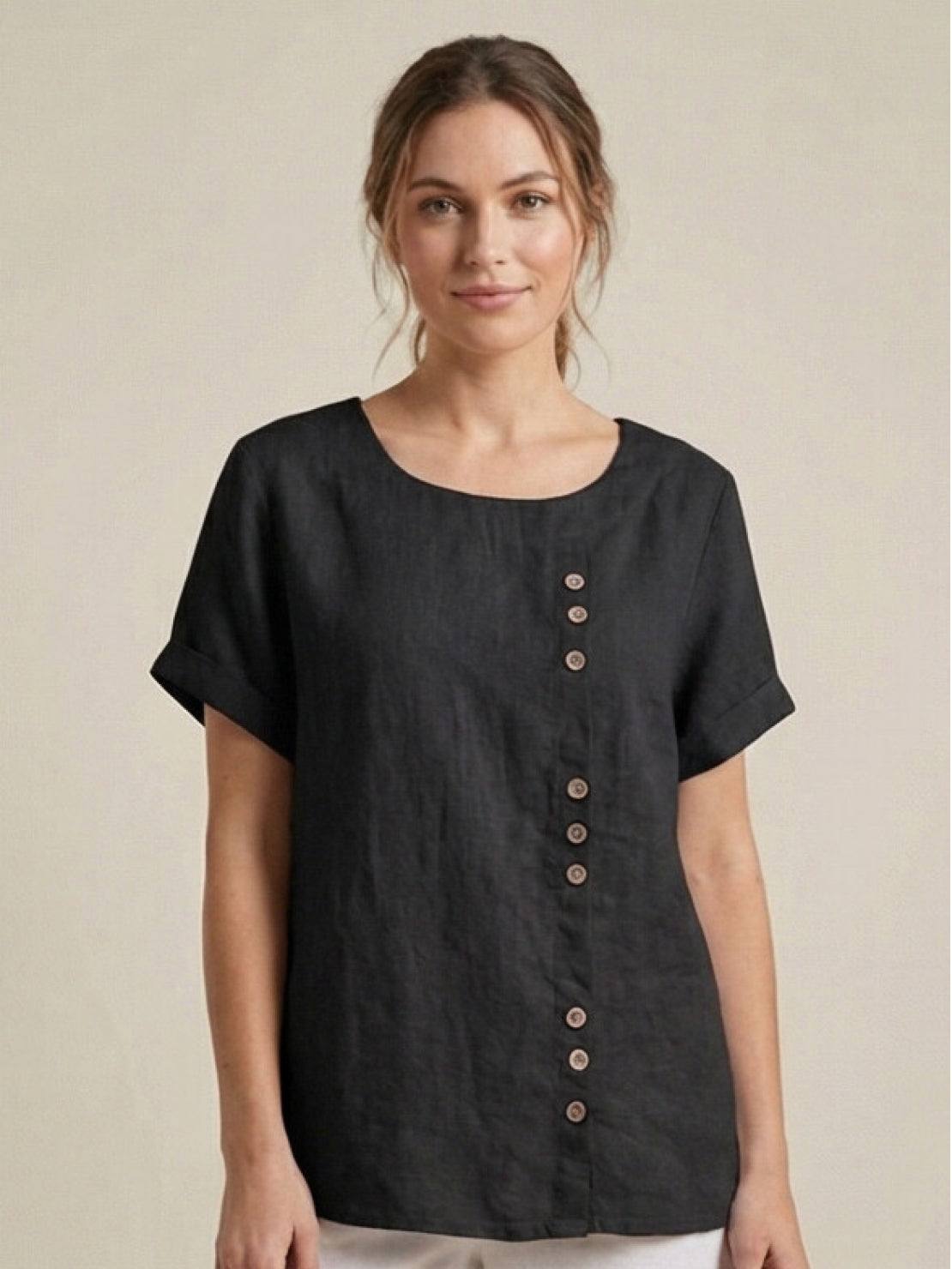 Women's Scoop Neck Short Sleeve Top – Button Detail Casual Everyday Shirt