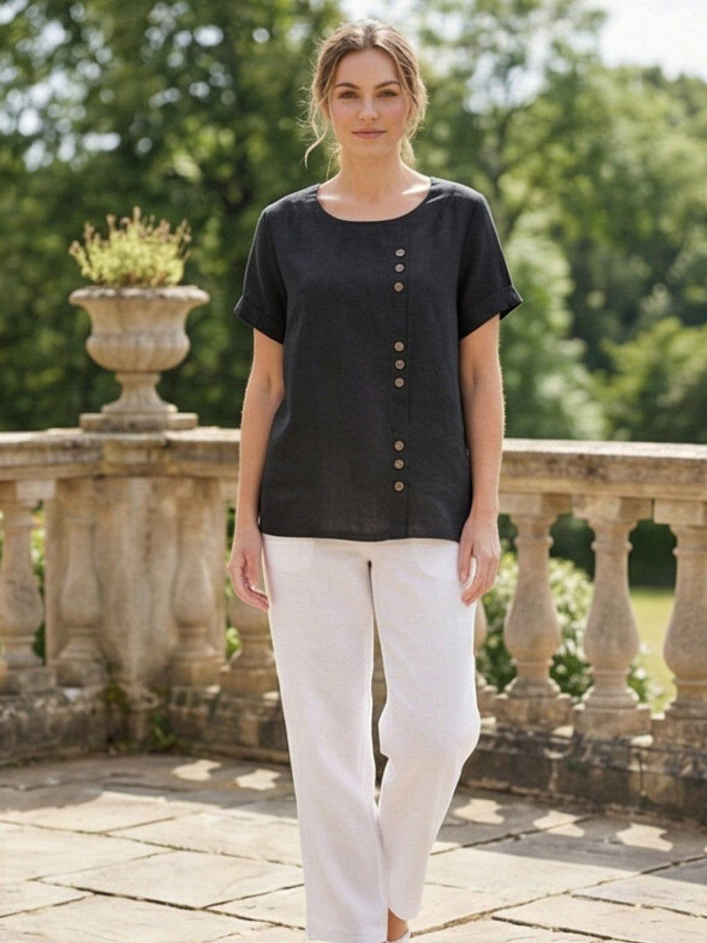 Women's Scoop Neck Short Sleeve Top – Button Detail Casual Everyday Shirt