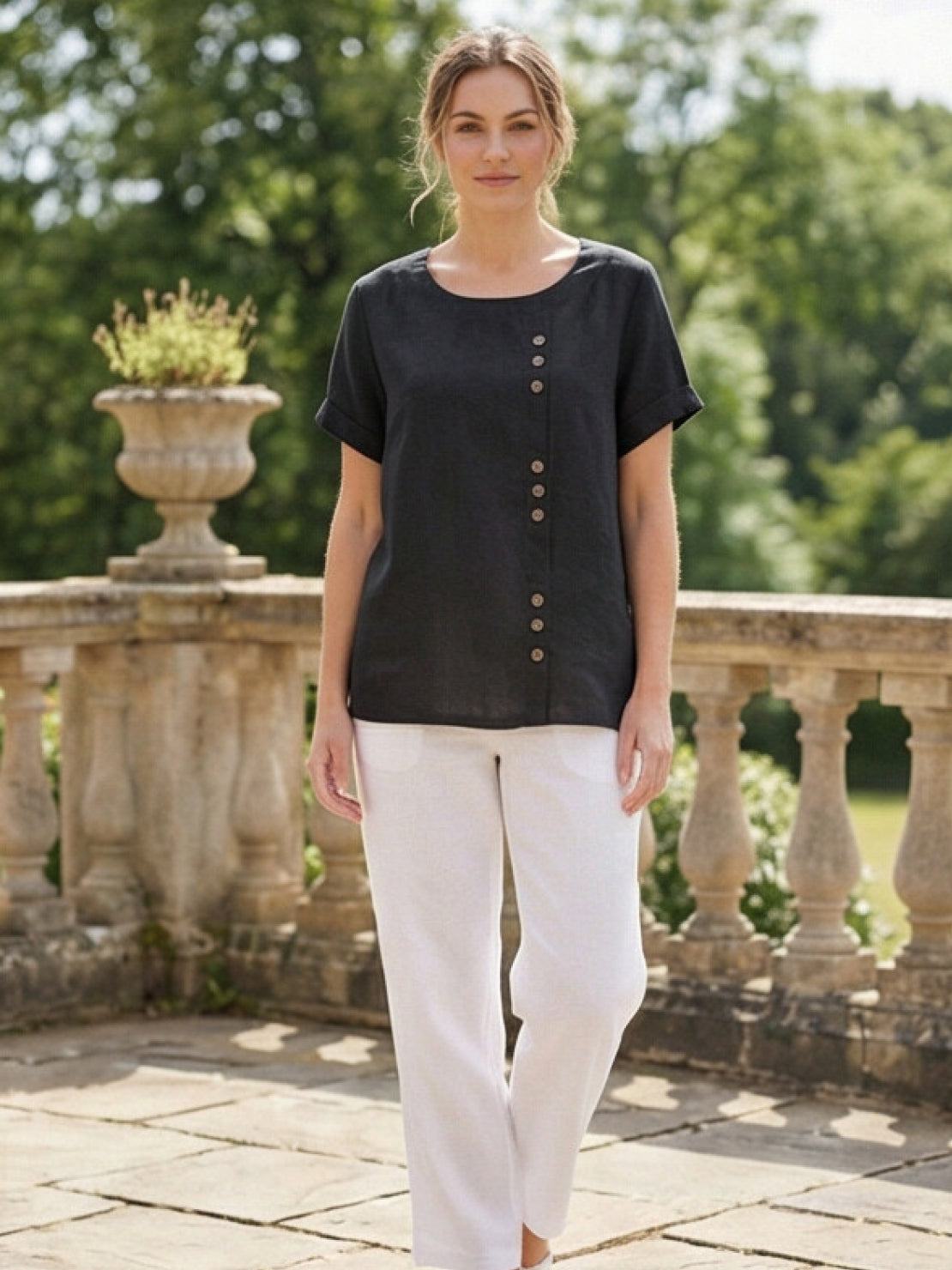 Women's Scoop Neck Short Sleeve Top – Button Detail Casual Everyday Shirt