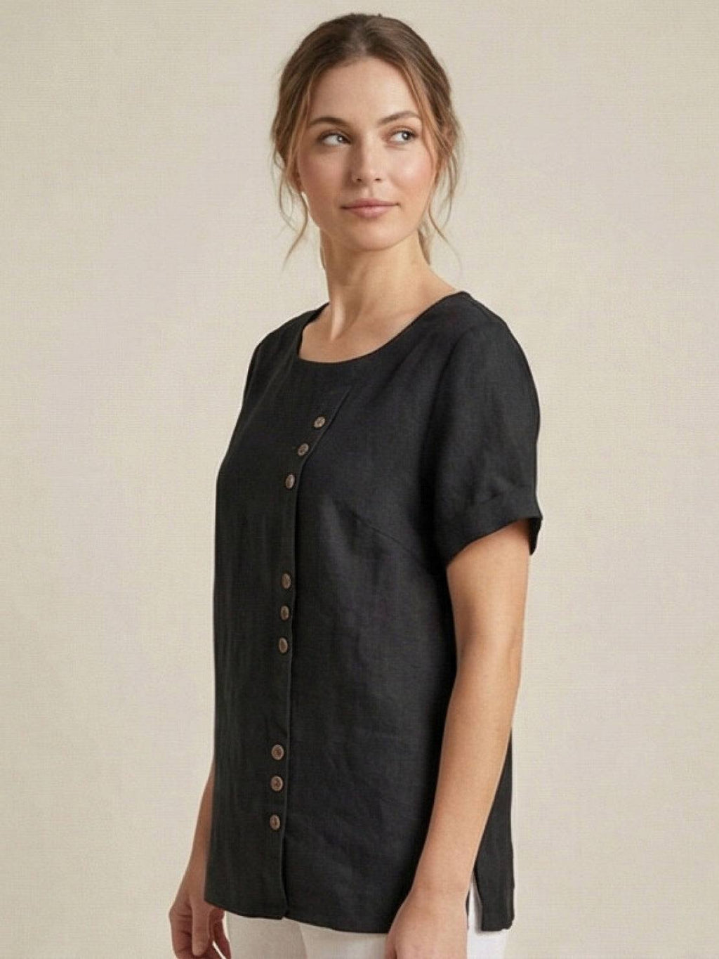 Women's Scoop Neck Short Sleeve Top – Button Detail Casual Everyday Shirt