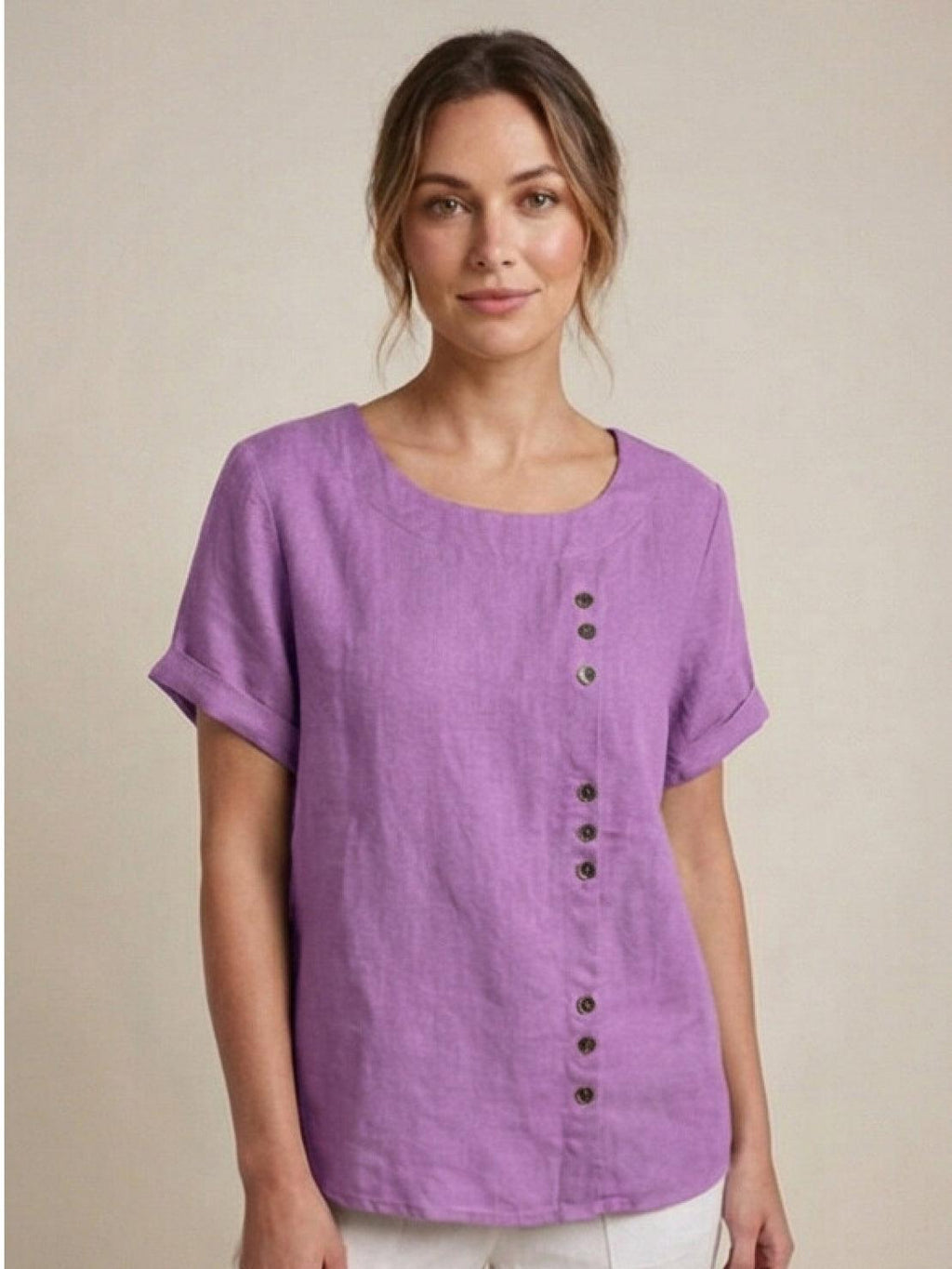 Women's Scoop Neck Short Sleeve Top – Button Detail Casual Everyday Shirt