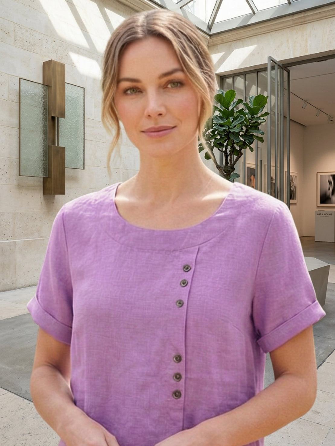 Women's Scoop Neck Short Sleeve Top – Button Detail Casual Everyday Shirt