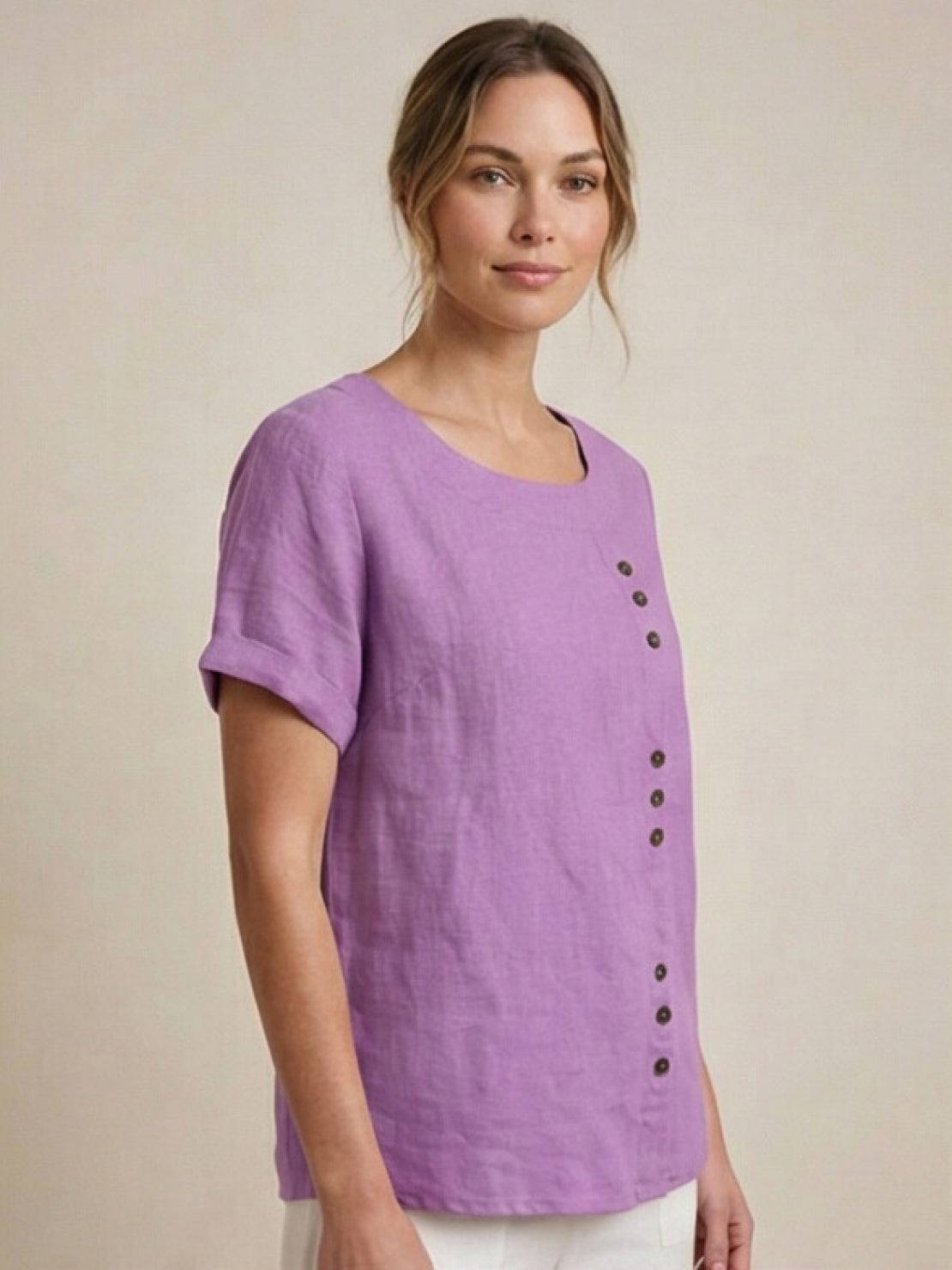 Women's Scoop Neck Short Sleeve Top – Button Detail Casual Everyday Shirt