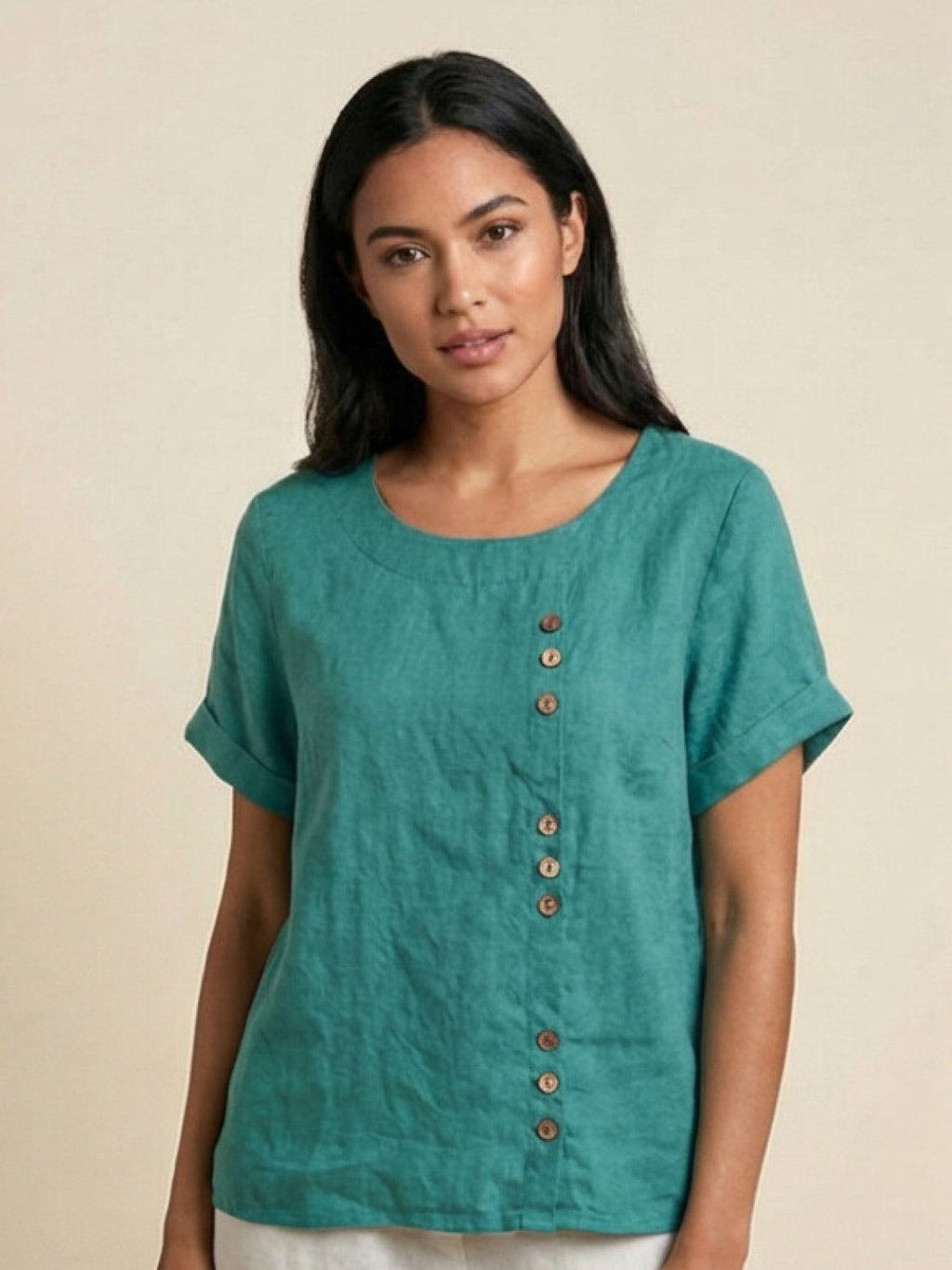 Women's Scoop Neck Short Sleeve Top – Button Detail Casual Everyday Shirt