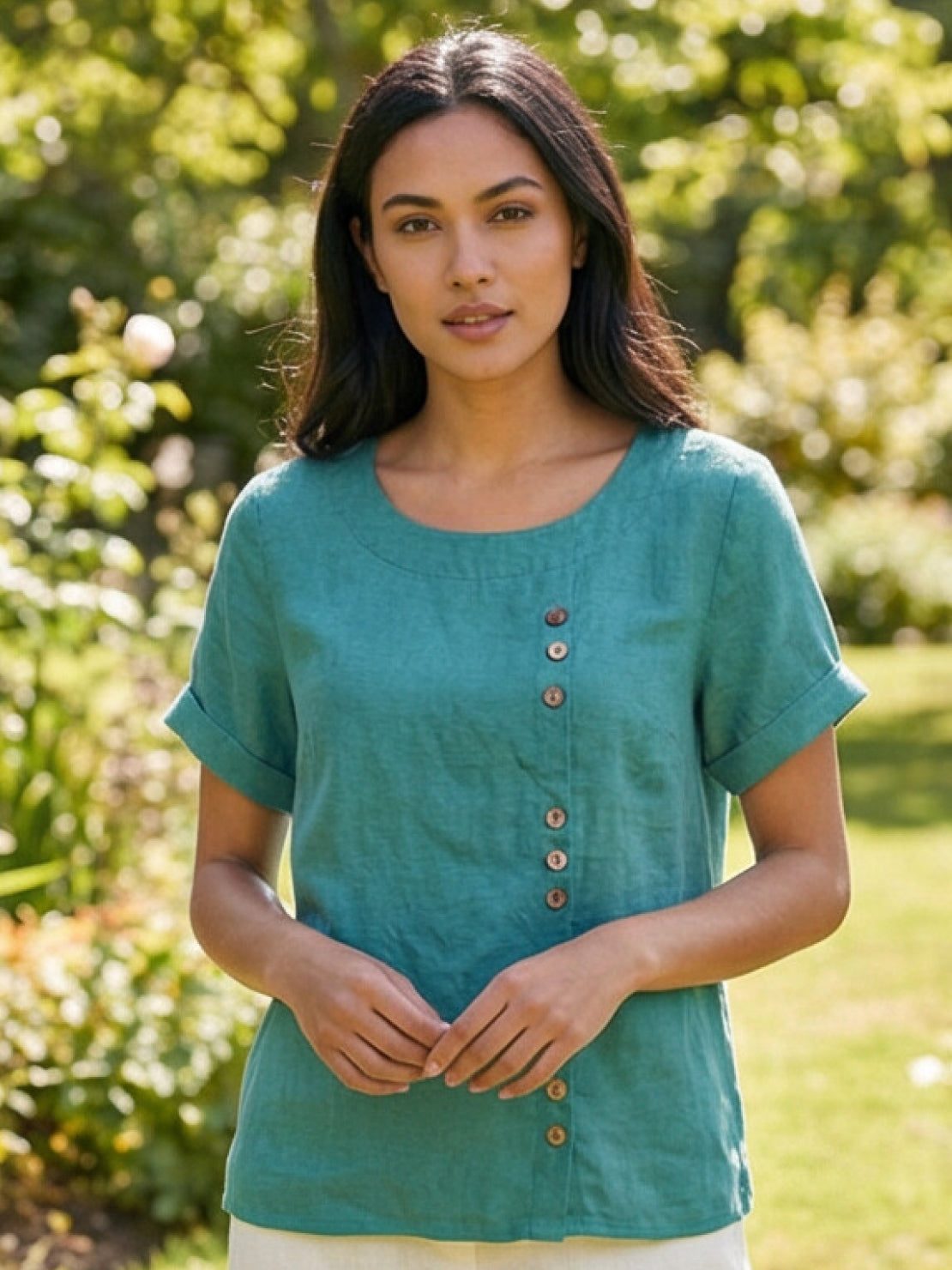 Women's Scoop Neck Short Sleeve Top – Button Detail Casual Everyday Shirt