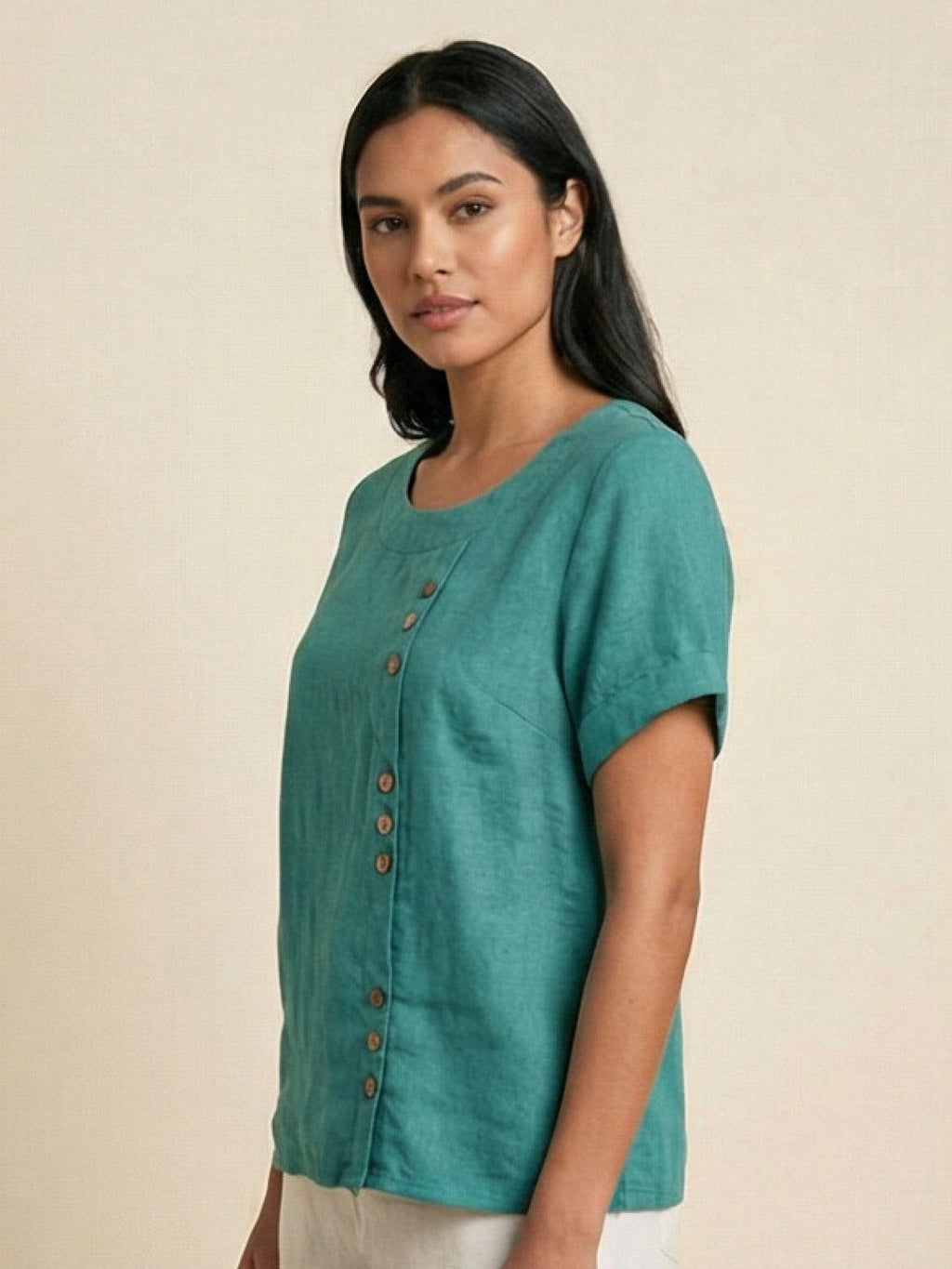Women's Scoop Neck Short Sleeve Top – Button Detail Casual Everyday Shirt