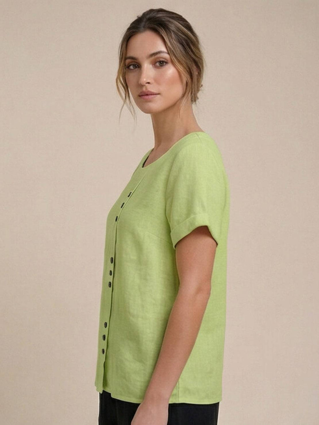 Women's Scoop Neck Short Sleeve Top – Button Detail Casual Everyday Shirt