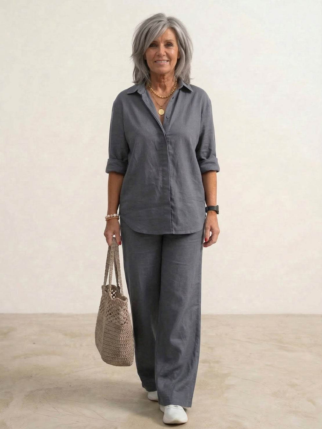 Women's Two Piece Trouser Set – Shirt and Wide Leg Pants Outfit