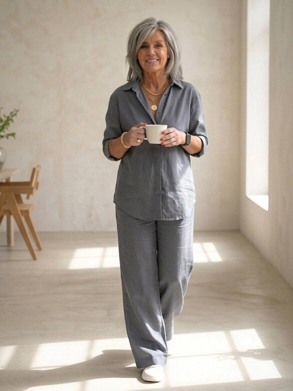 Women's Two Piece Trouser Set – Shirt and Wide Leg Pants Outfit