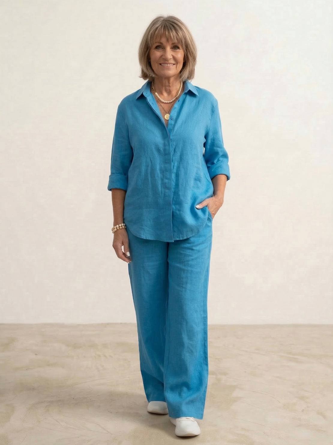 Women's Two Piece Trouser Set – Shirt and Wide Leg Pants Outfit