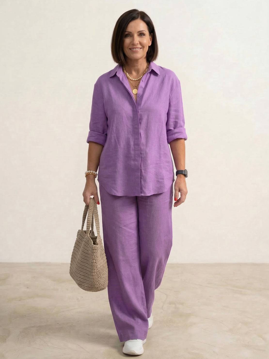 Women's Two Piece Trouser Set – Shirt and Wide Leg Pants Outfit