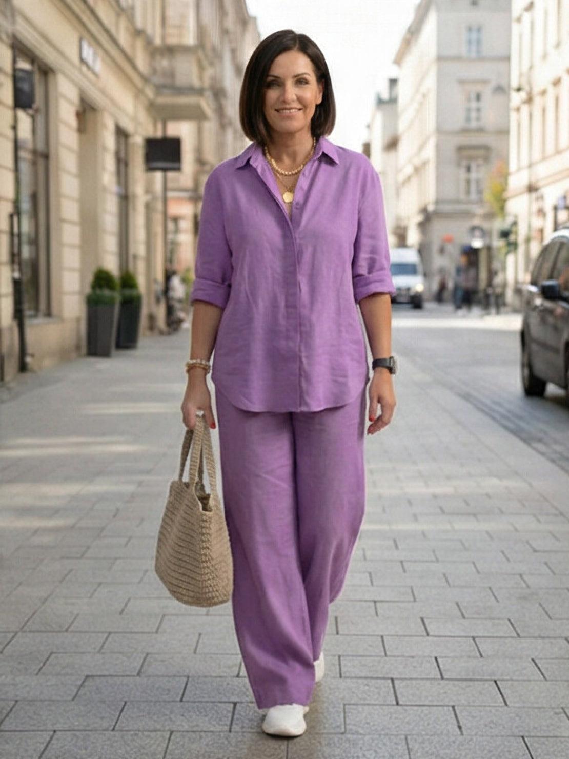 Women's Two Piece Trouser Set – Shirt and Wide Leg Pants Outfit