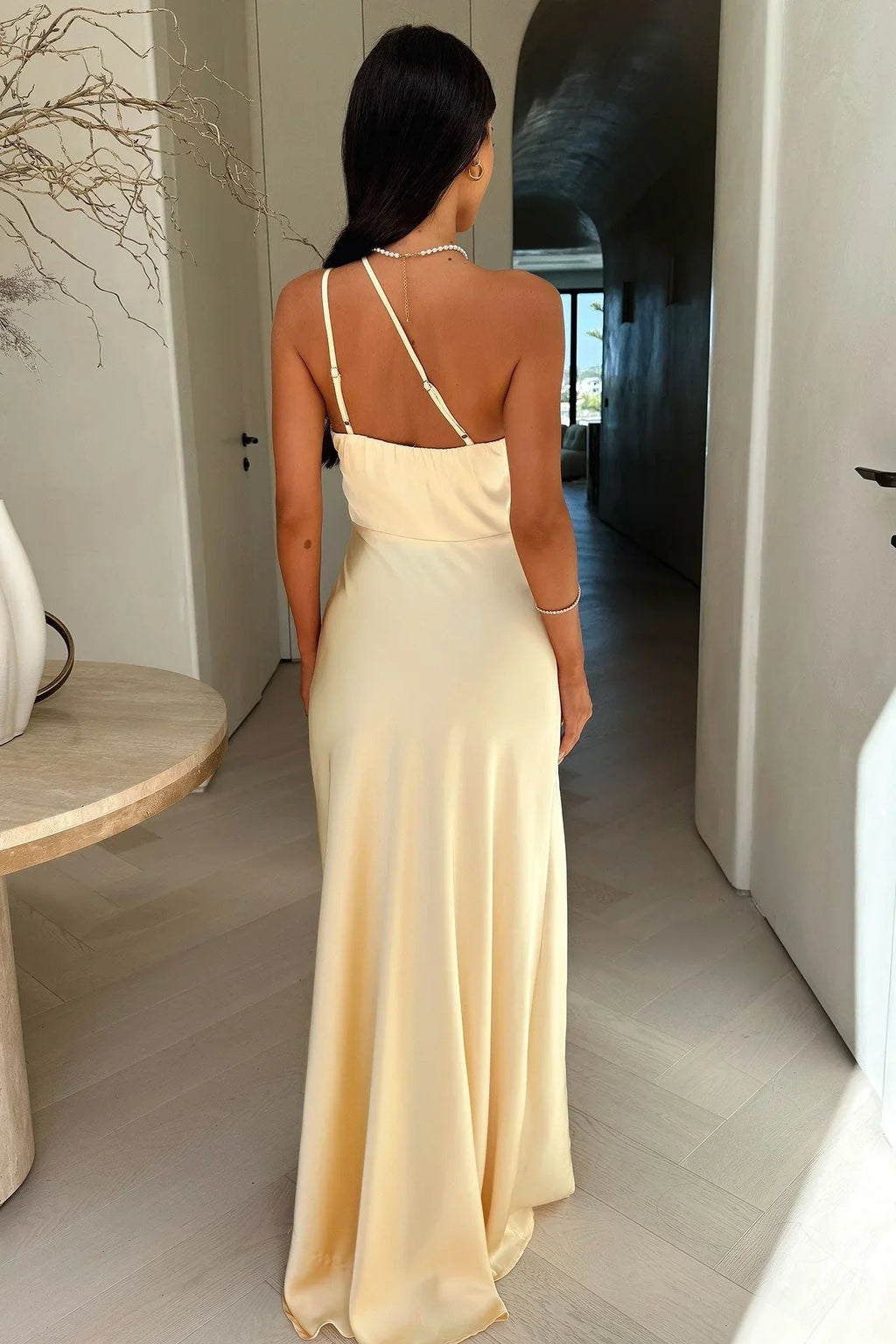 Women's Asymmetric Maxi Dress with Side Slit – Elegant Beige Occasion Dress
