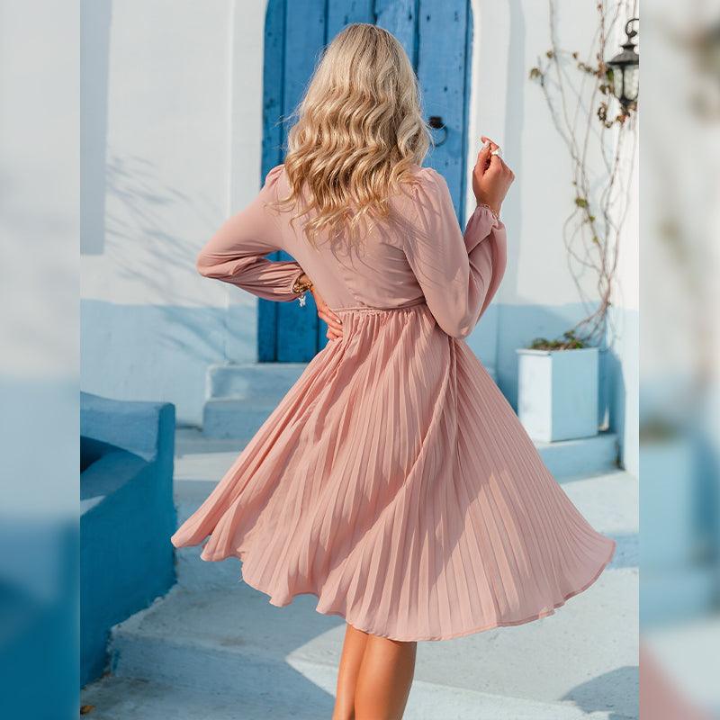 Women's Pleated Mini Ibiza Dress - Flowy Long Sleeve Vacation Style