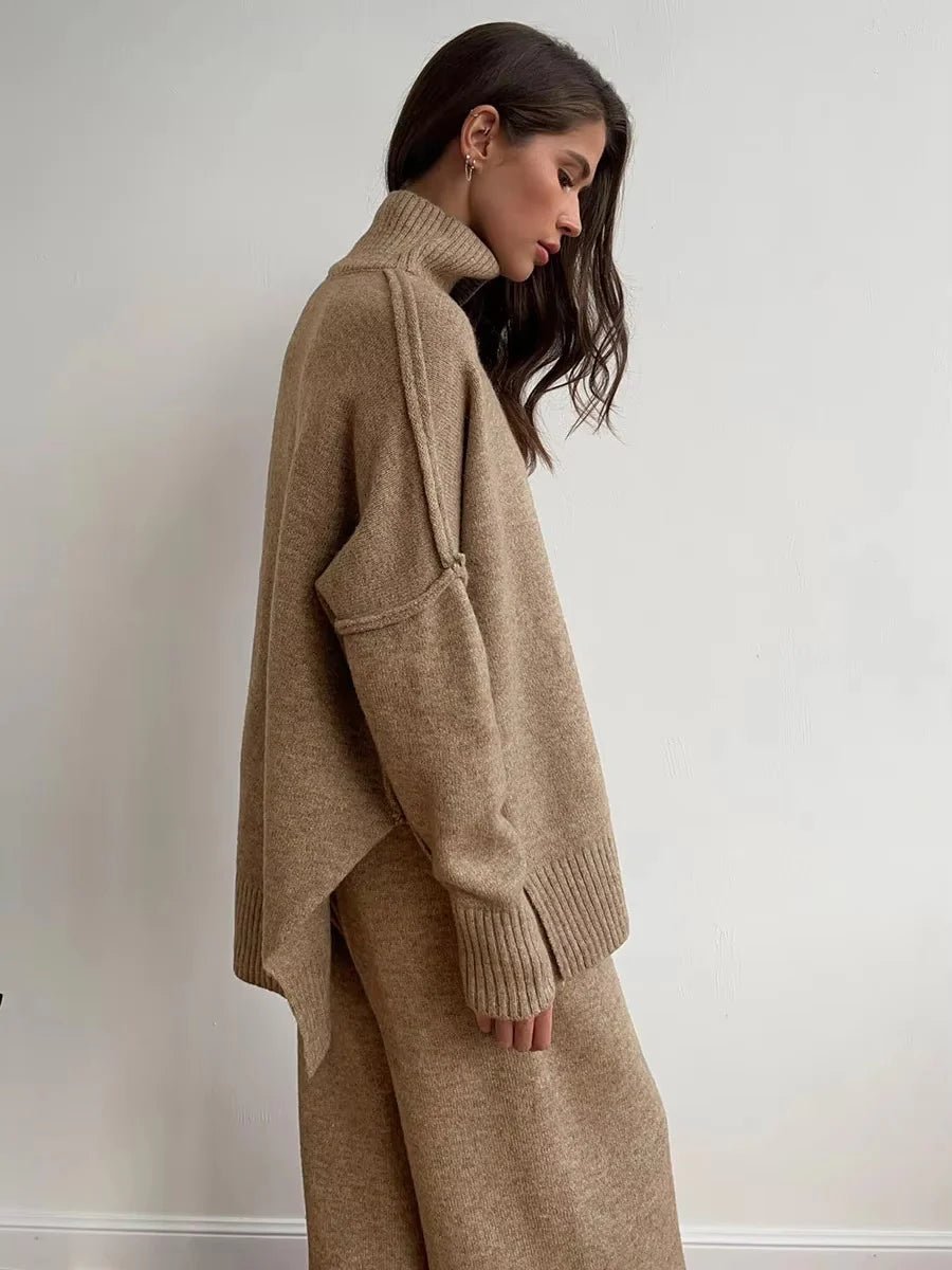 Women's Loungewear Set - Comfortable Turtleneck & Wide-leg Pants - Winter