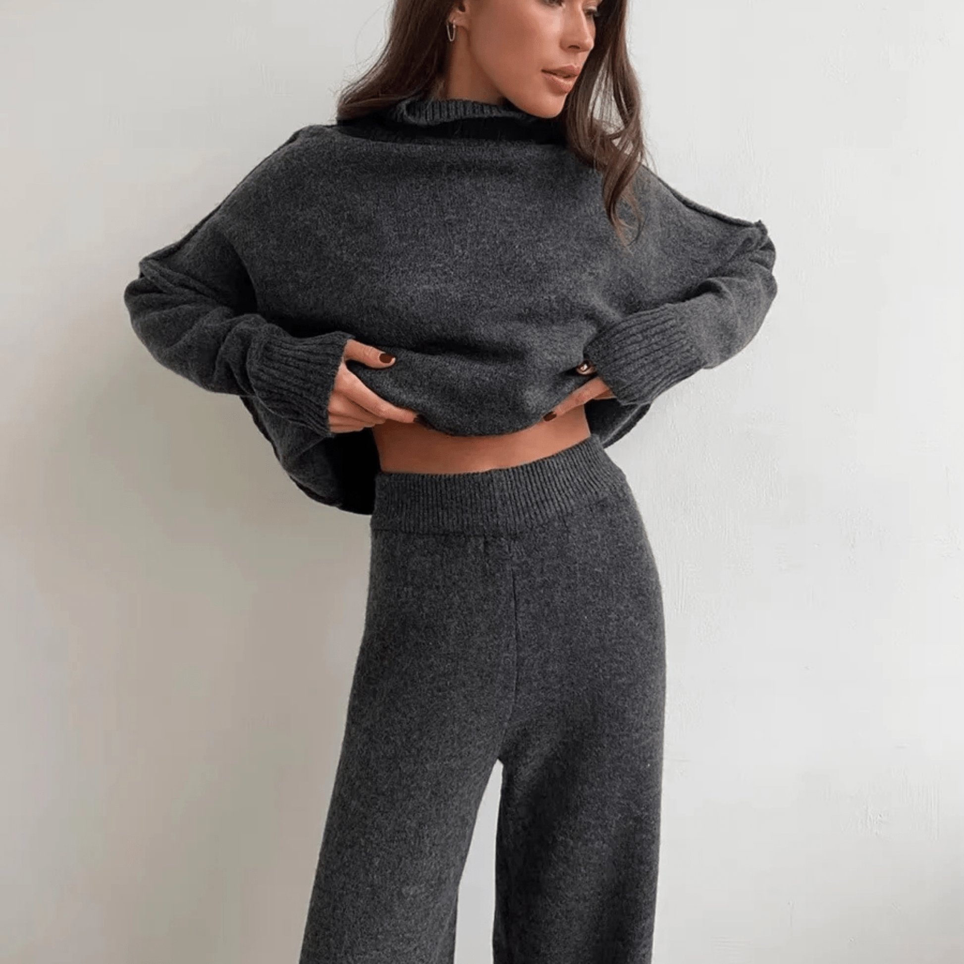 Women's Loungewear Set - Comfortable Turtleneck & Wide-leg Pants - Winter