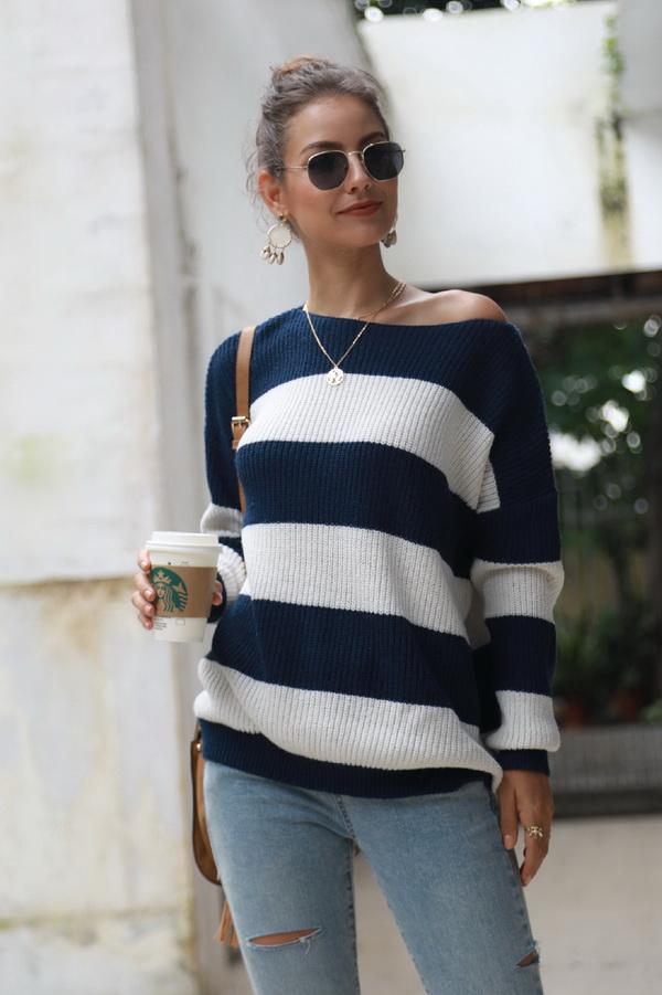 Women’s Striped Long Sleeve Loose Sweater – Relaxed Knit