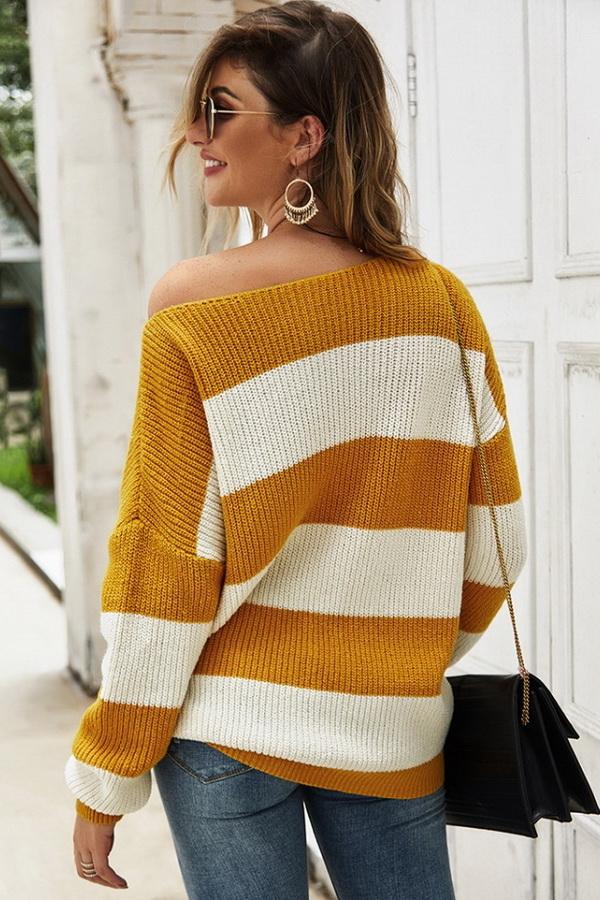 Women’s Striped Long Sleeve Loose Sweater – Relaxed Knit