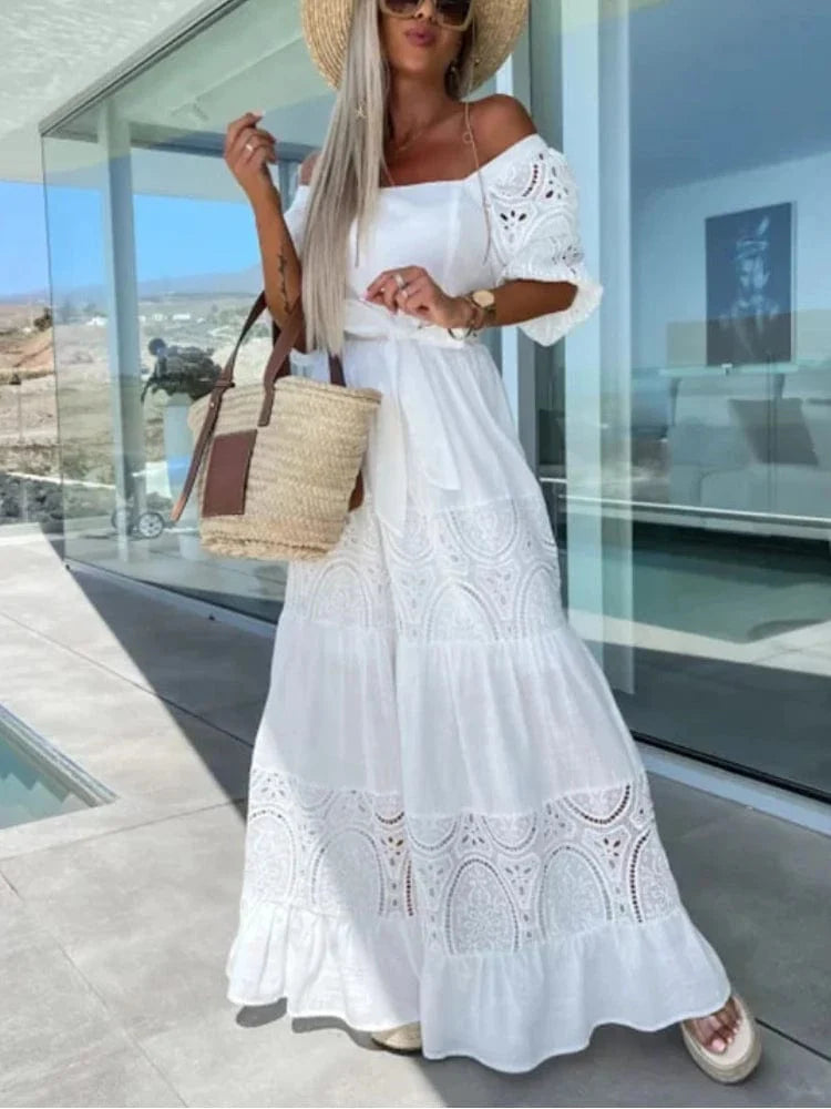 Women's White Lace Maxi Ibiza Dress - Boho Resort Holiday Style