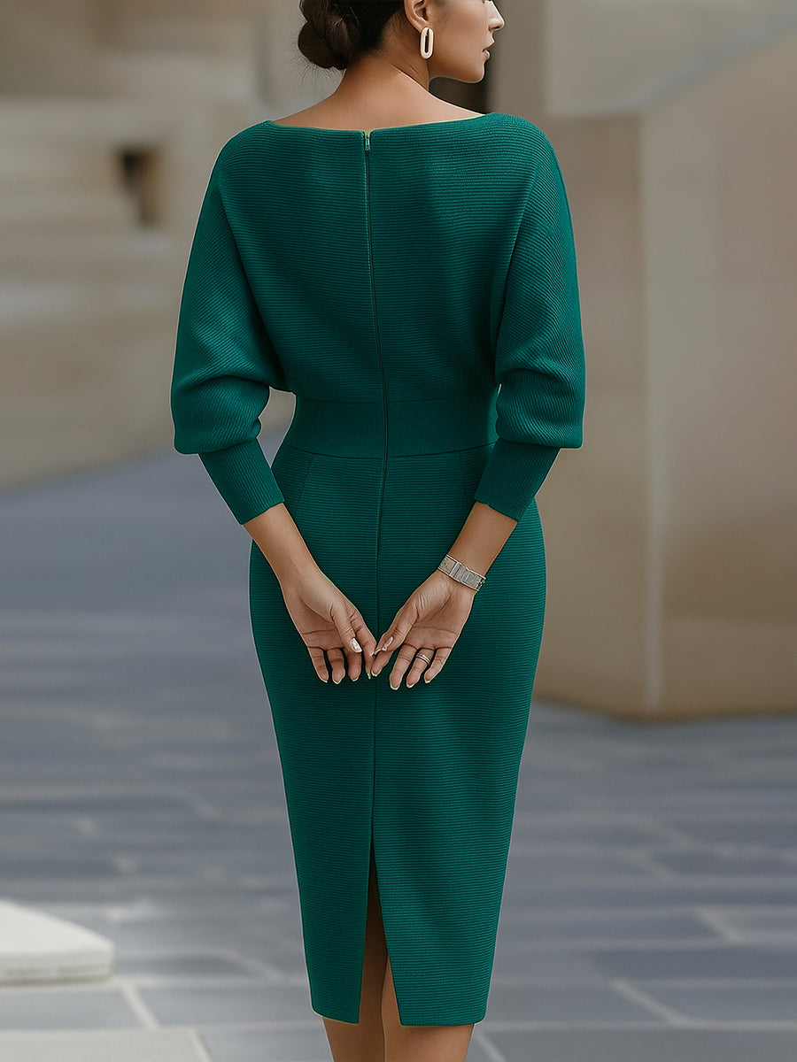 Women's Draped Batwing Sleeve Midi Dress – Elegant Occasion Dress