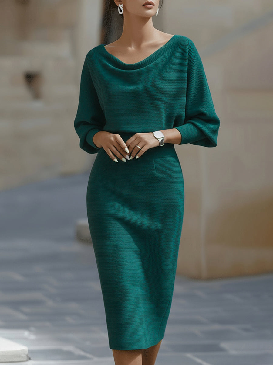 Women's Draped Batwing Sleeve Midi Dress – Elegant Occasion Dress