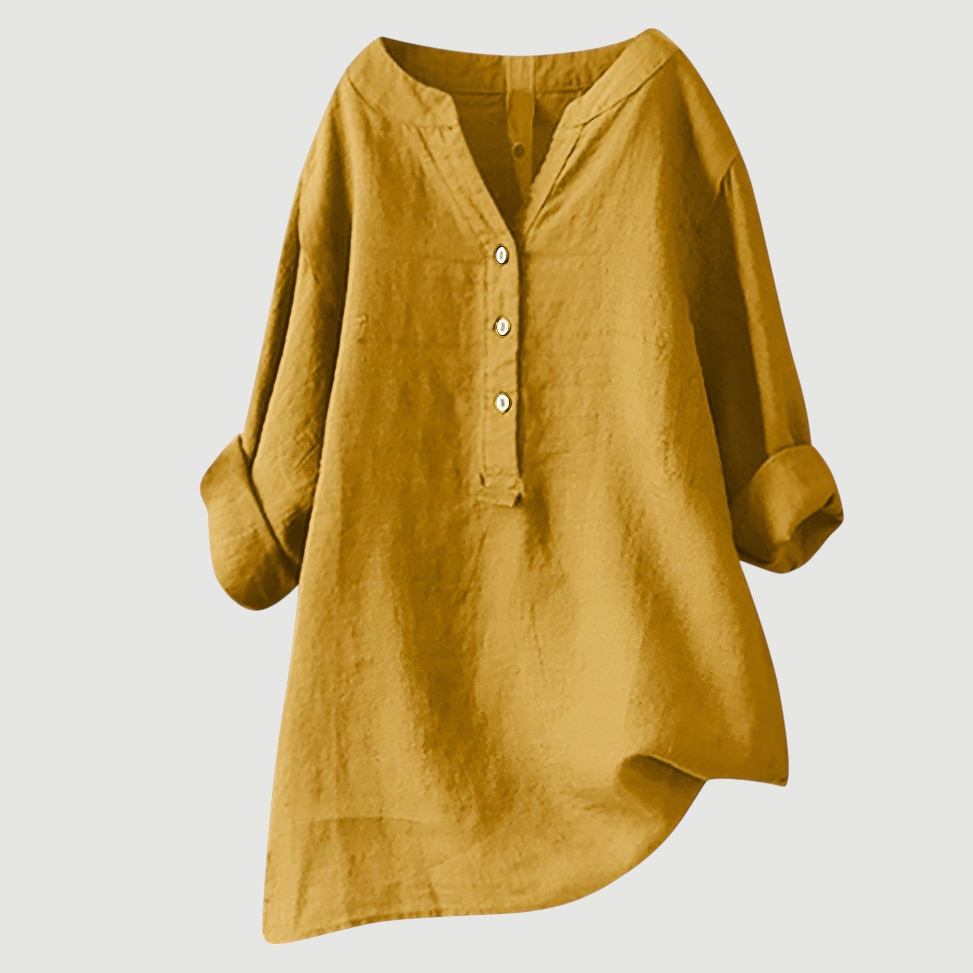 Women's Red Linen V-Neck Button Long-Sleeve Tunic Shirt