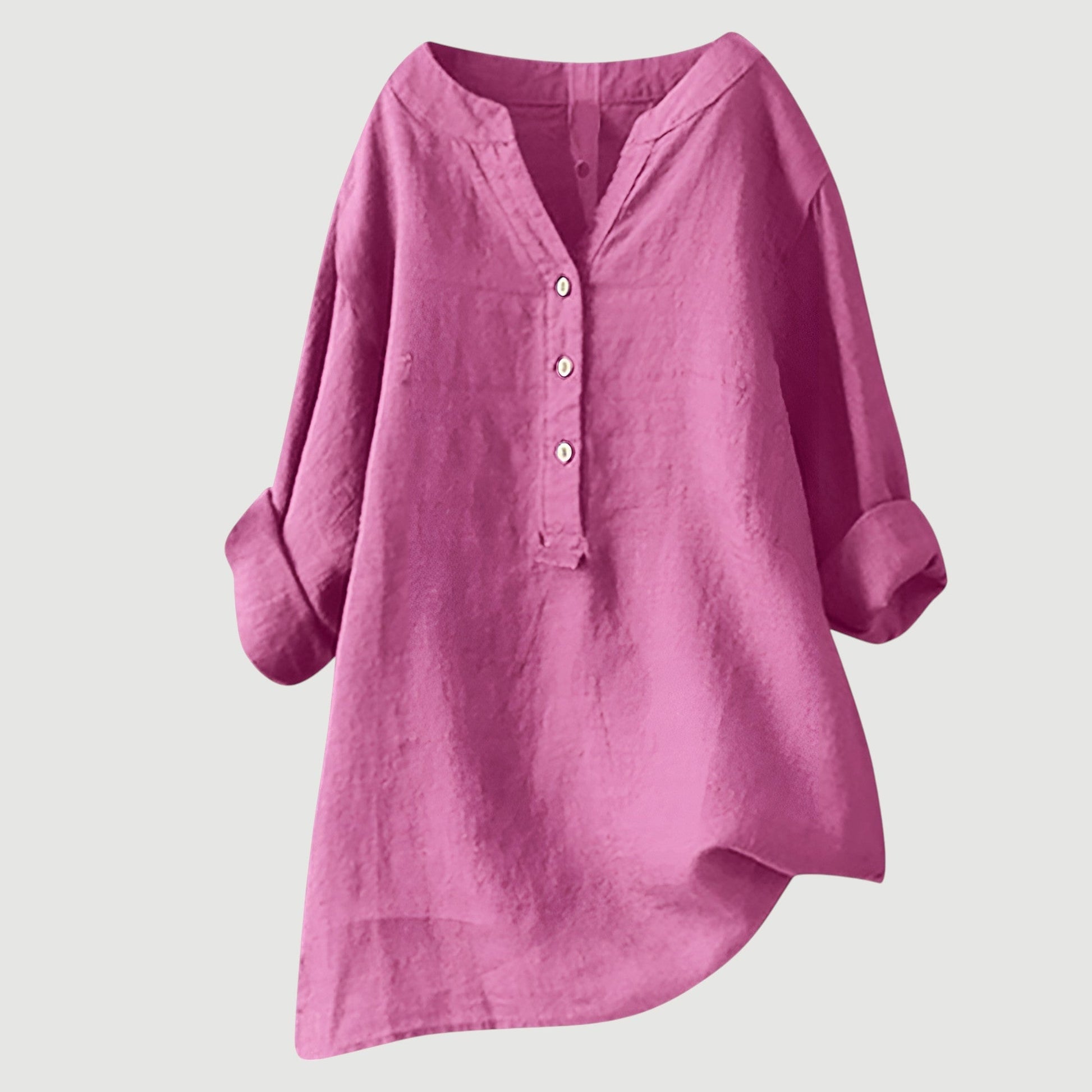 Women's Red Linen V-Neck Button Long-Sleeve Tunic Shirt